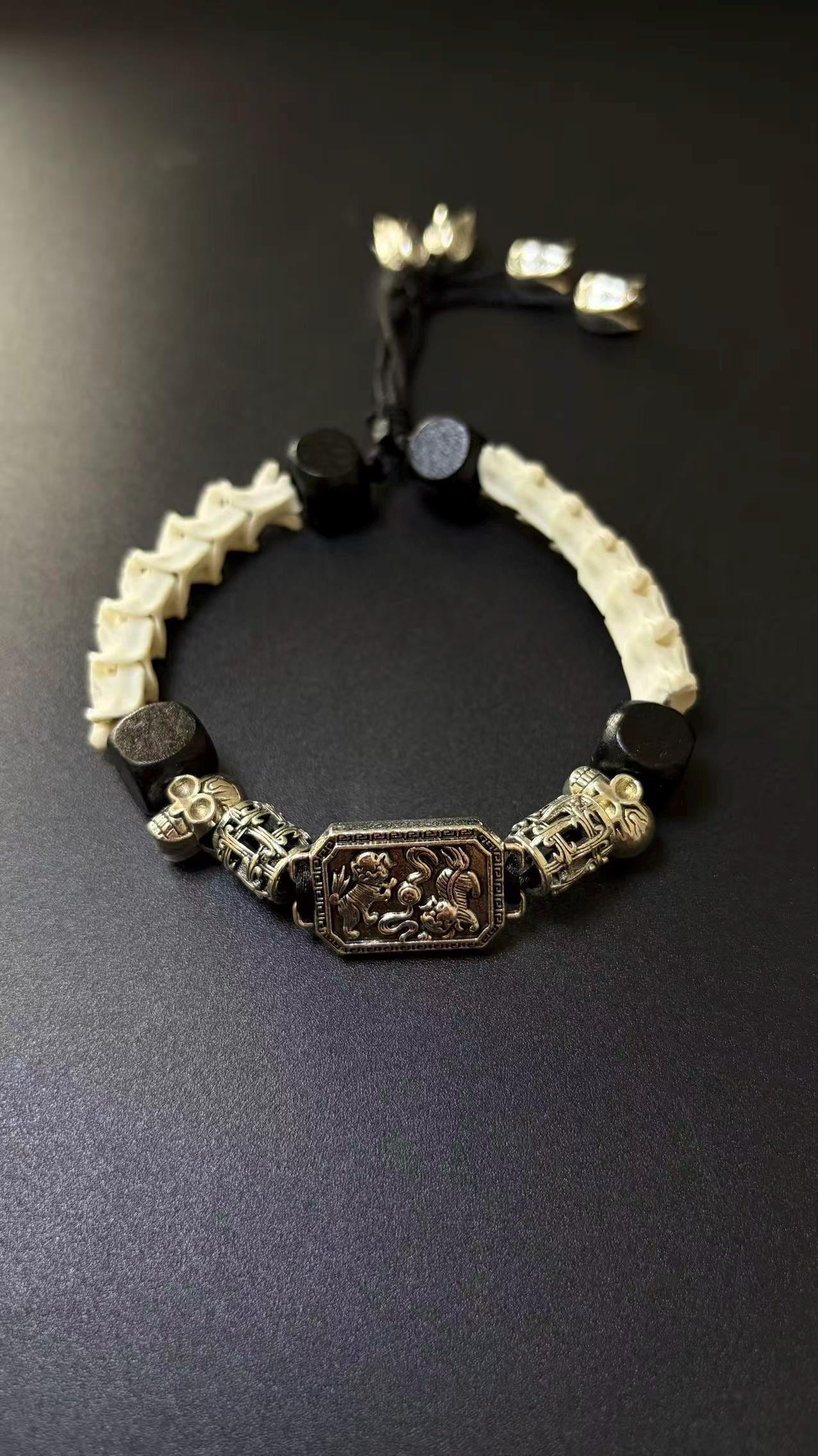 Gothic Serpent Skeletal Bracelet | Lion Plaque & Skull Charm