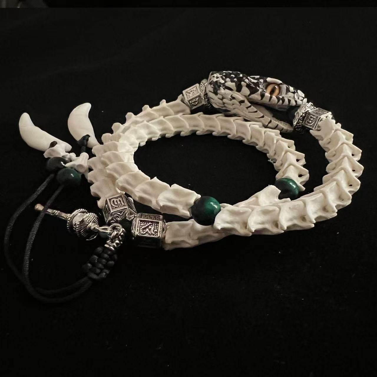 Real Snake Bone Double-Coil Bracelet — Patterned Serpent Head, Malachite & Bone Fang Charms | Shaman Totem