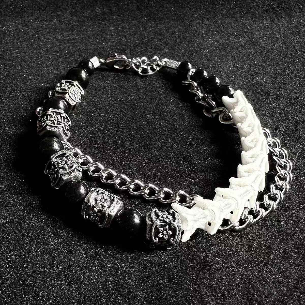 Real Snake Bone & Cuban Chain Bracelet — Natural Gemstone Beads & Vintage Alloy Spacers | Gothic Street Style