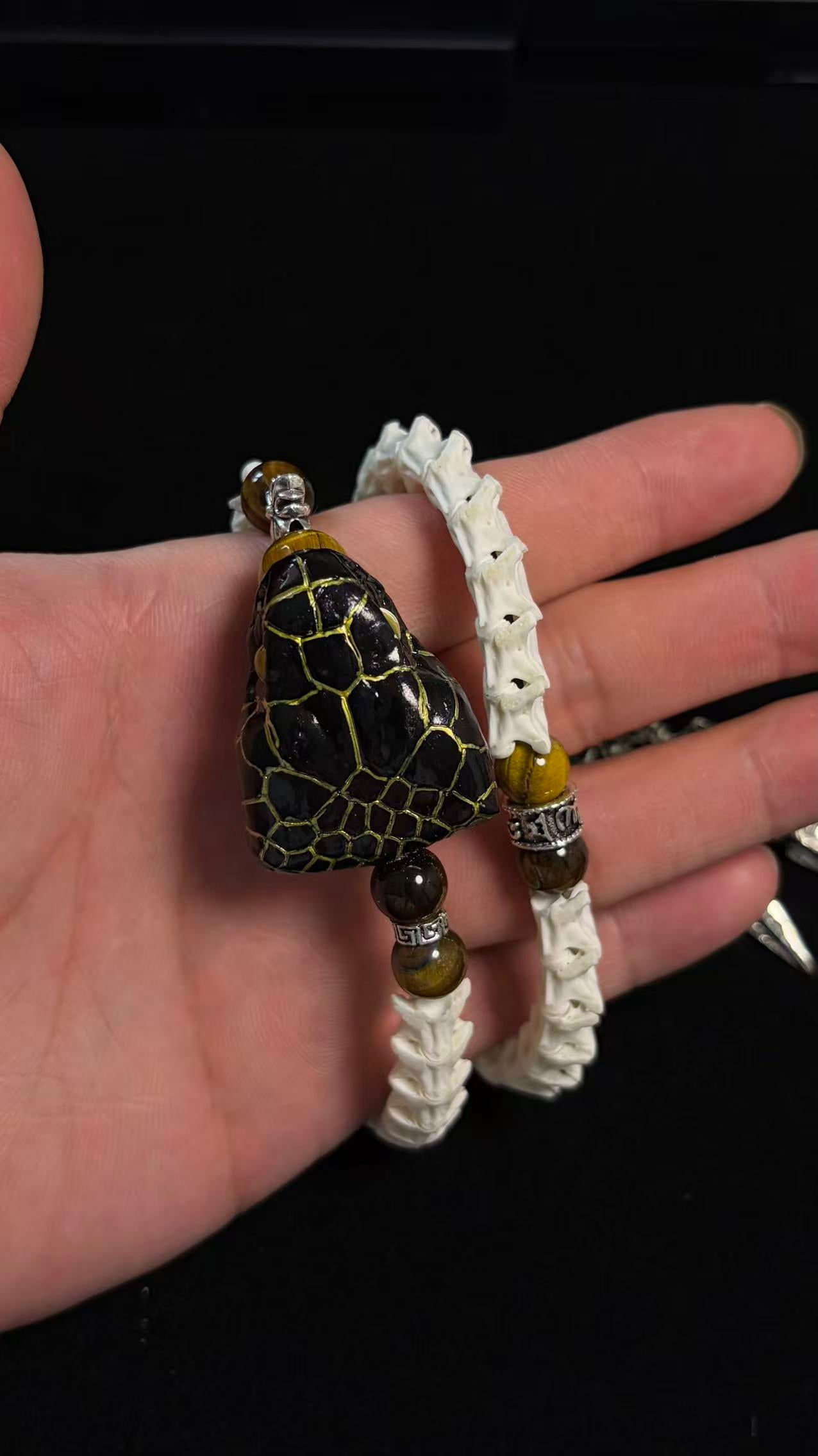 Real Snake Bone Double-Coil Bracelet — Black Serpent King, Tiger's Eye & Tibetan Kīla Charms | Dark Luxury
