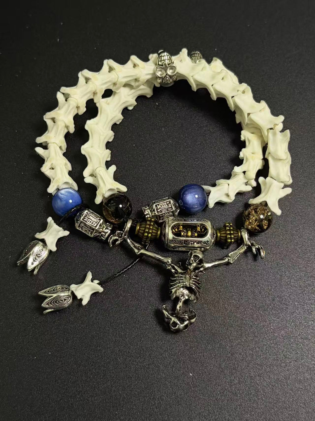 Real Snake Bone Bracelet – Full Skeleton Holding Sanskrit Prayer Cylinder, Blue Cat's Eye & Smoky Quartz | Dark Gothic Masterpiece