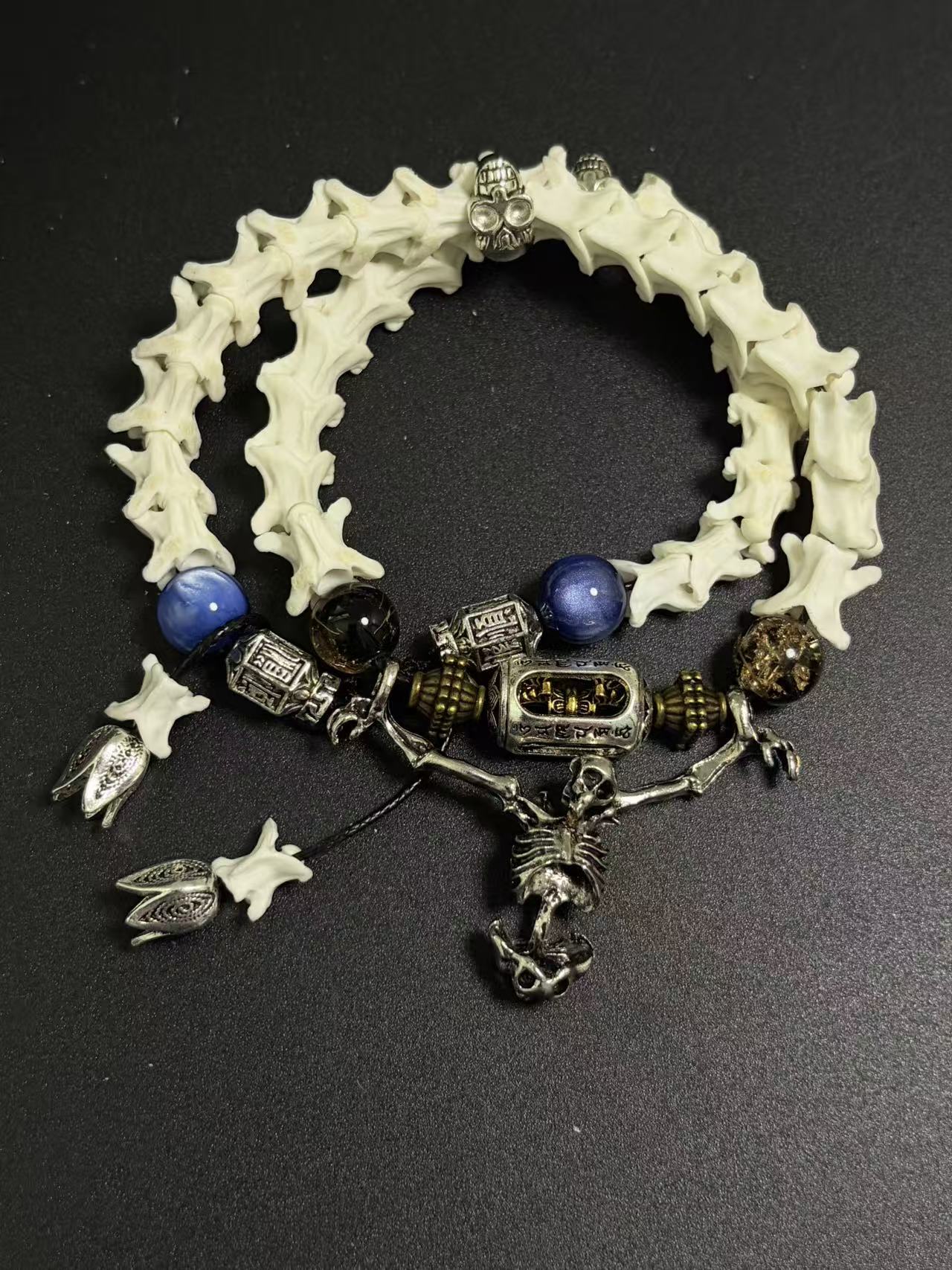 Real Snake Bone Bracelet – Full Skeleton Holding Sanskrit Prayer Cylinder, Blue Cat's Eye & Smoky Quartz | Dark Gothic Masterpiece