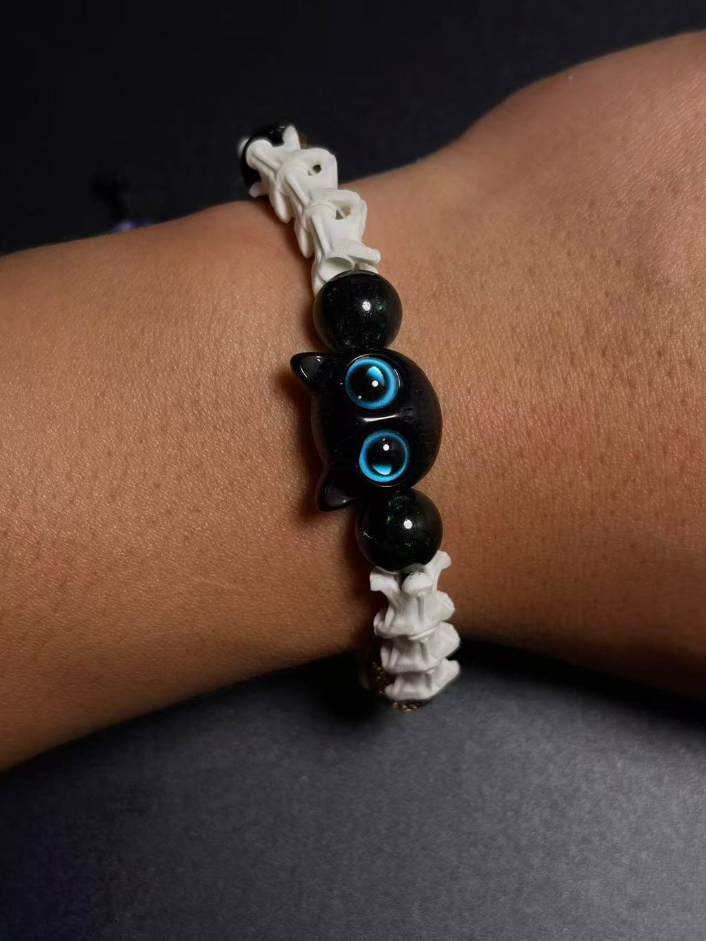 Real Snake Bone Bracelet – Black Owl Glass Charm, Turquoise Agate & Blue Cat's Eye | Dark Fantasy Style