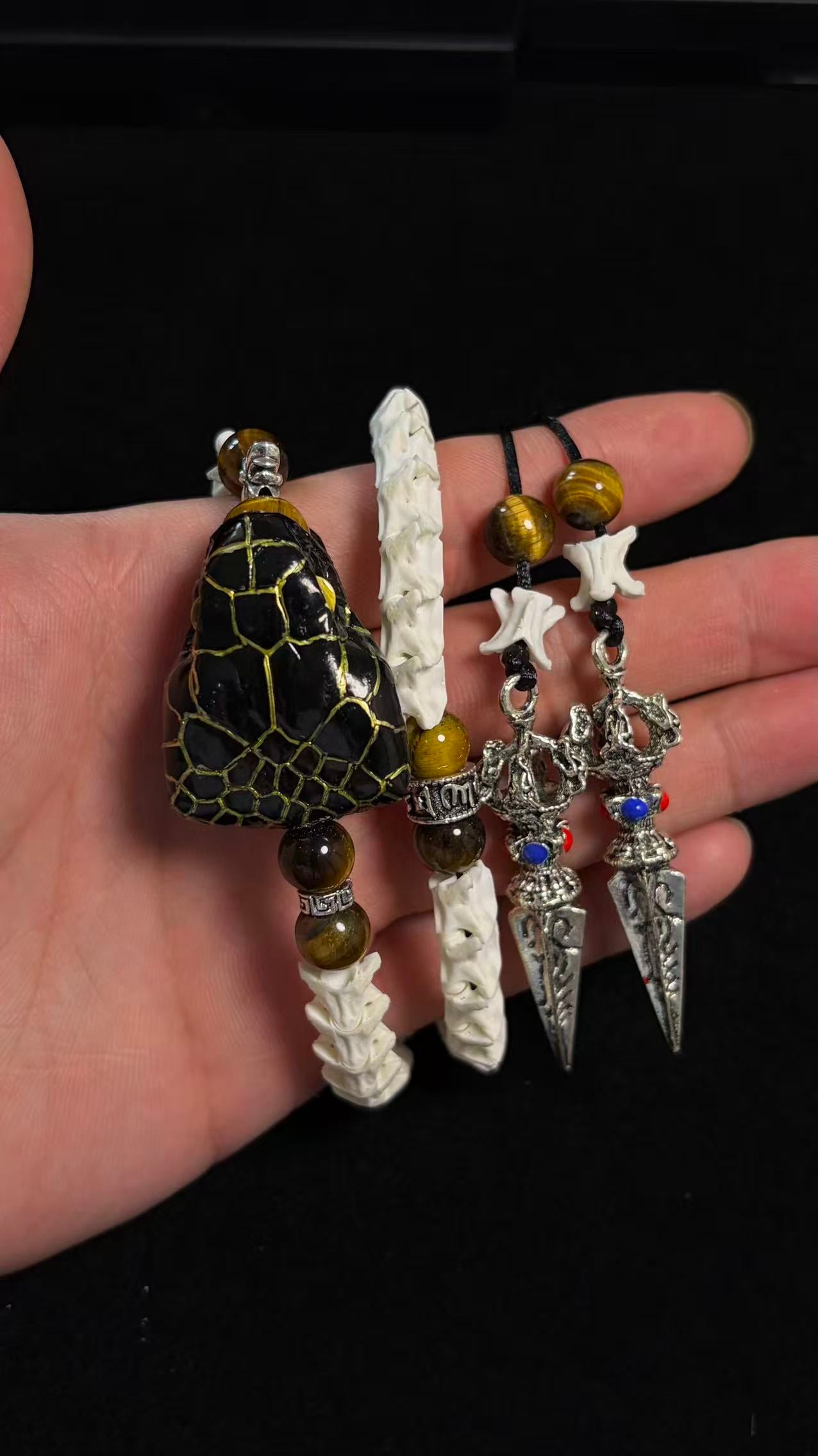 Real Snake Bone Double-Coil Bracelet — Black Serpent King, Tiger's Eye & Tibetan Kīla Charms | Dark Luxury