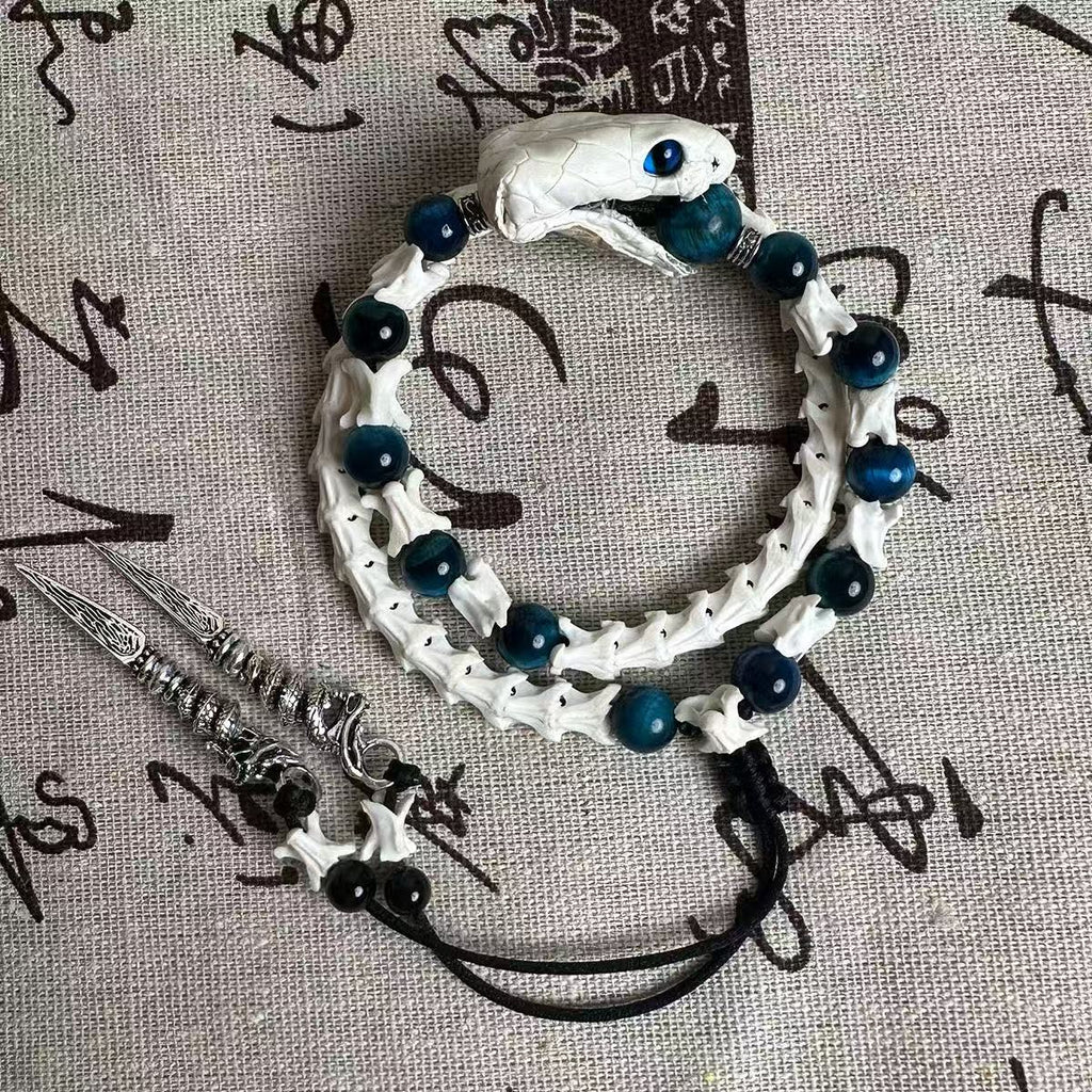 Real Snake Bone Ouroboros Bracelet — Snake Head Clasp, Natural Gemstones & Sword Charm | 3 Colors