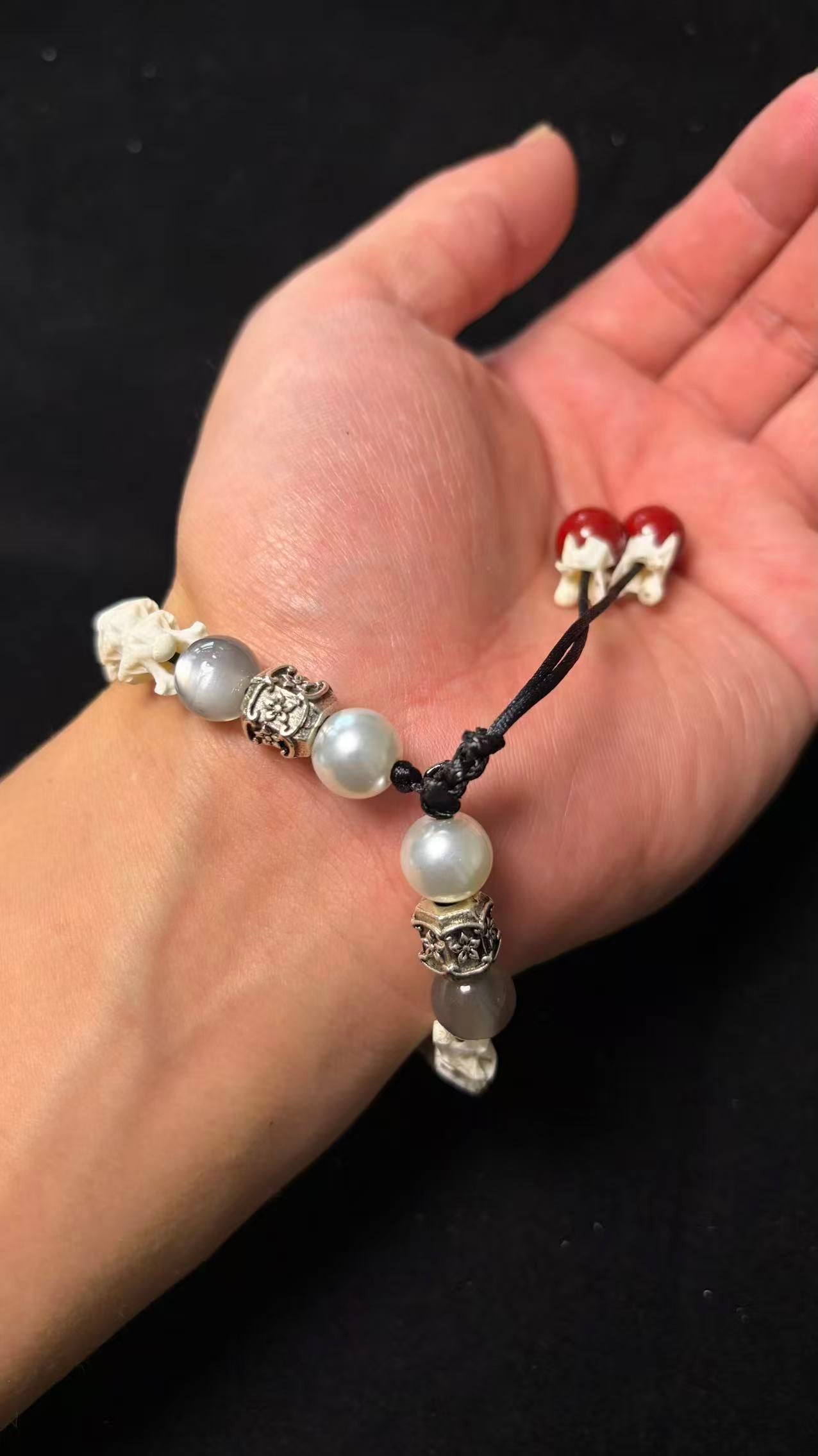 Real Snake Bone Bracelet – Five Wealth Gods Engraved Crystal Beads, Pearl & Silver Butterfly Charm | Tibetan Fortune Jewelry
