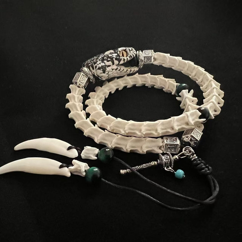 Real Snake Bone Double-Coil Bracelet — Patterned Serpent Head, Malachite & Bone Fang Charms | Shaman Totem