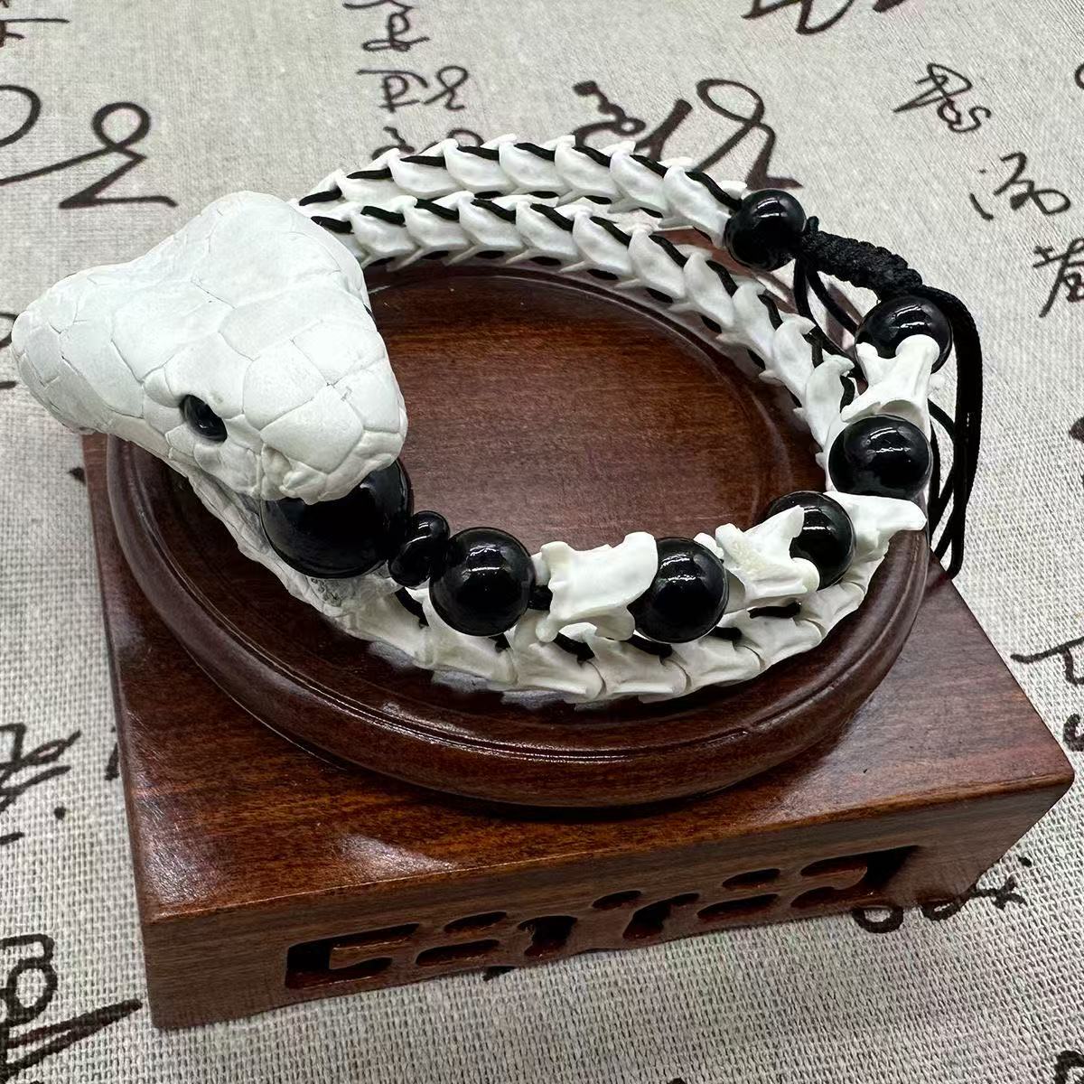 Real Snake Bone Woven Bracelet — Natural Gemstone Beads | Gothic Occult Jewelry
