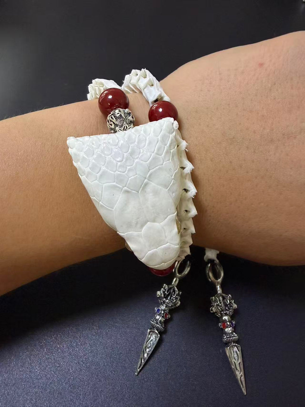 Real Snake Skull & Spine Bracelet – Red Agate, Tibetan Dorje Charms | Gothic Talisman Jewelry