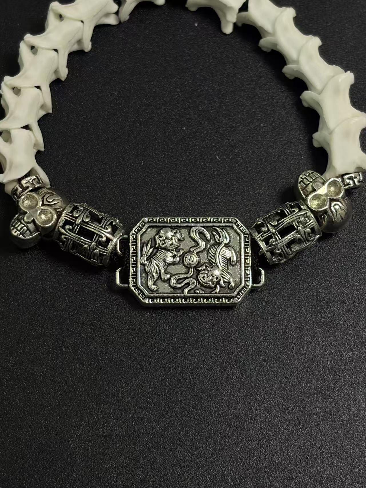 Real Snake Bone Bracelet – Pixiu Guardian Beast Silver Plaque, Crystal Skull & Triple Lotus Tassel | Chinese Talisman Dark Luxury