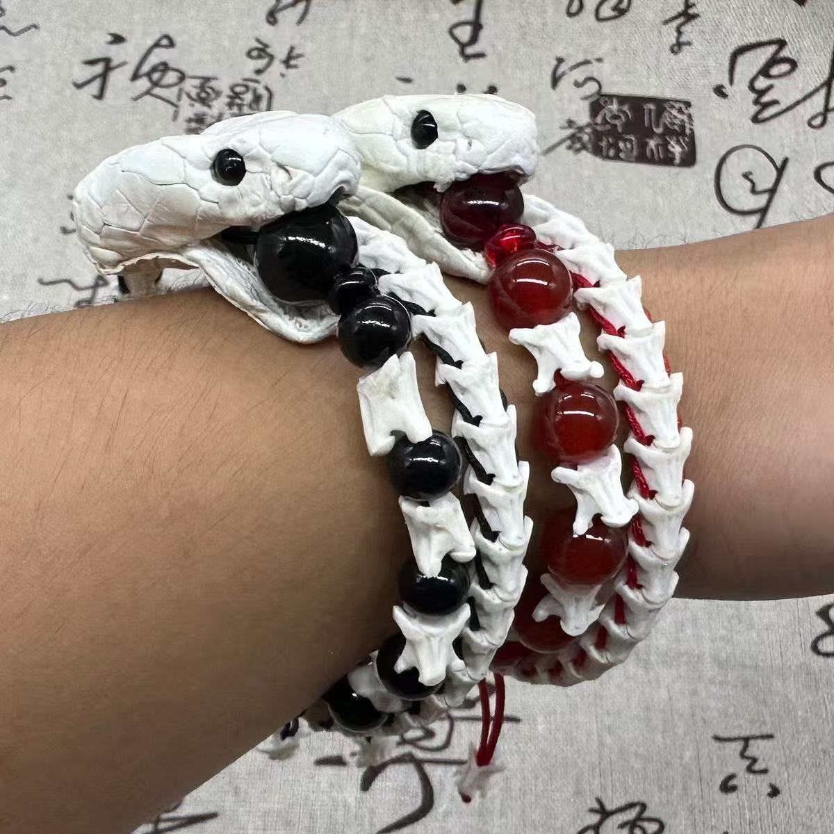 Real Snake Bone Woven Bracelet — Natural Gemstone Beads | Gothic Occult Jewelry