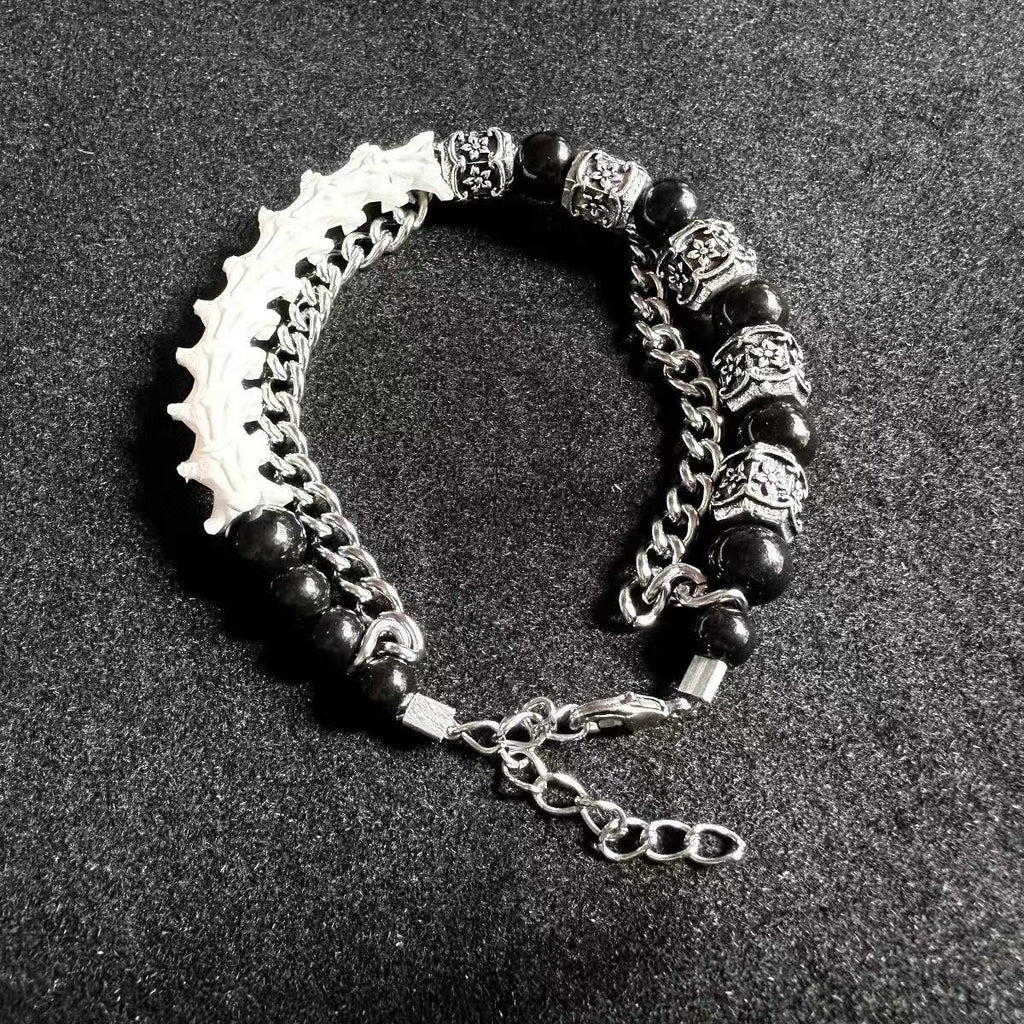 Real Snake Bone & Cuban Chain Bracelet — Natural Gemstone Beads & Vintage Alloy Spacers | Gothic Street Style