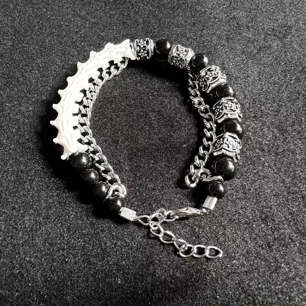 Real Snake Bone & Cuban Chain Bracelet — Natural Gemstone Beads & Vintage Alloy Spacers | Gothic Street Style