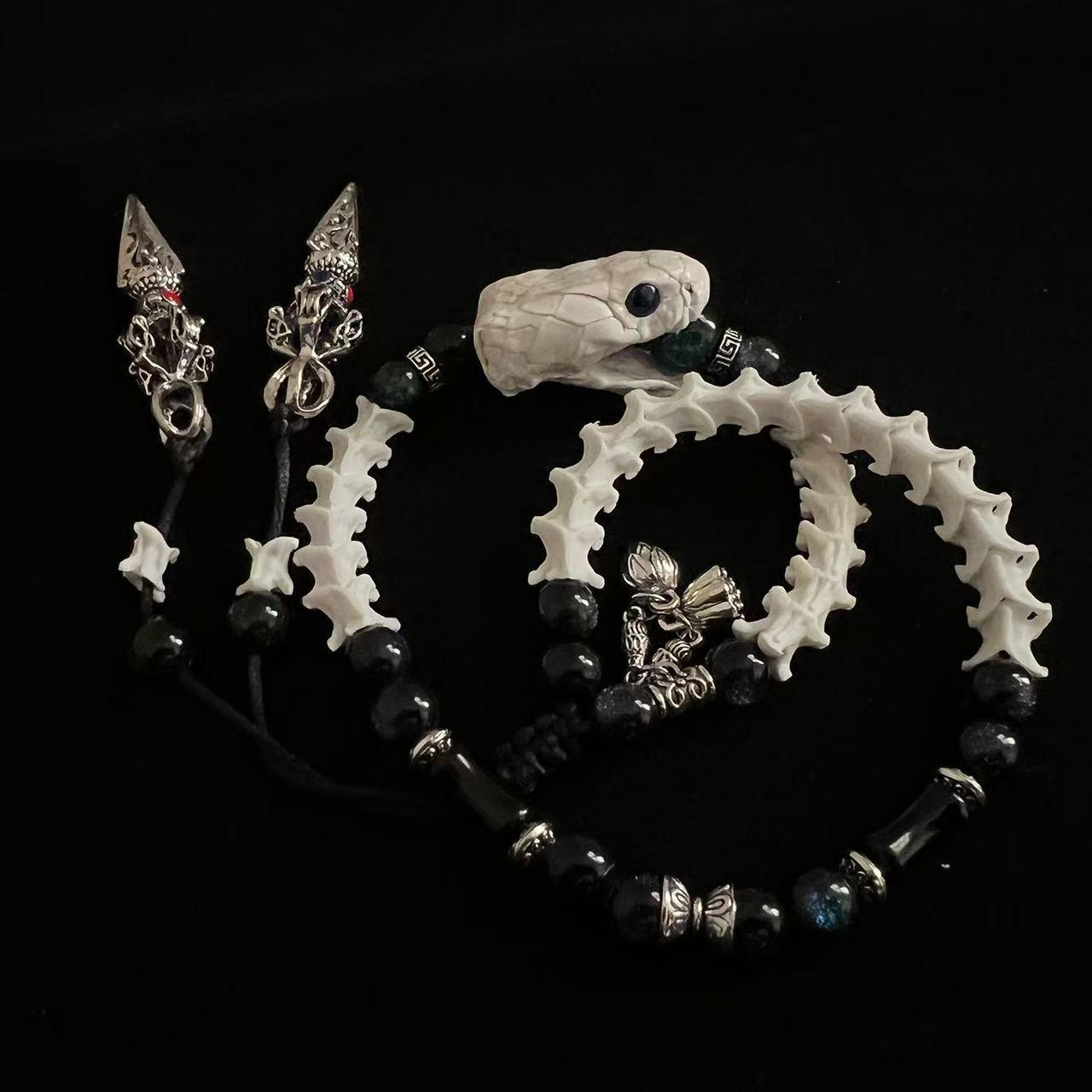 Real Snake Bone Double-Coil Bracelet — Blue-Eye White Serpent, Black Obsidian & Twin Tibetan Kila Charms | Dark Celestial