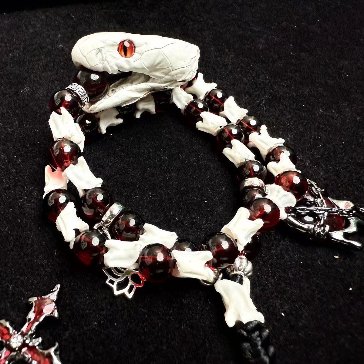 Real Snake Bone Bracelet — Red-Eye White Serpent, Natural Garnet & Gothic Angel Cross | Blood Relic Dark Luxury