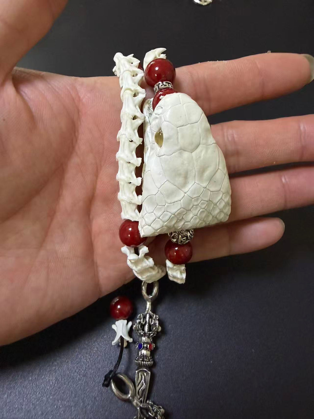 Real Snake Skull & Spine Bracelet – Red Agate, Tibetan Dorje Charms | Gothic Talisman Jewelry