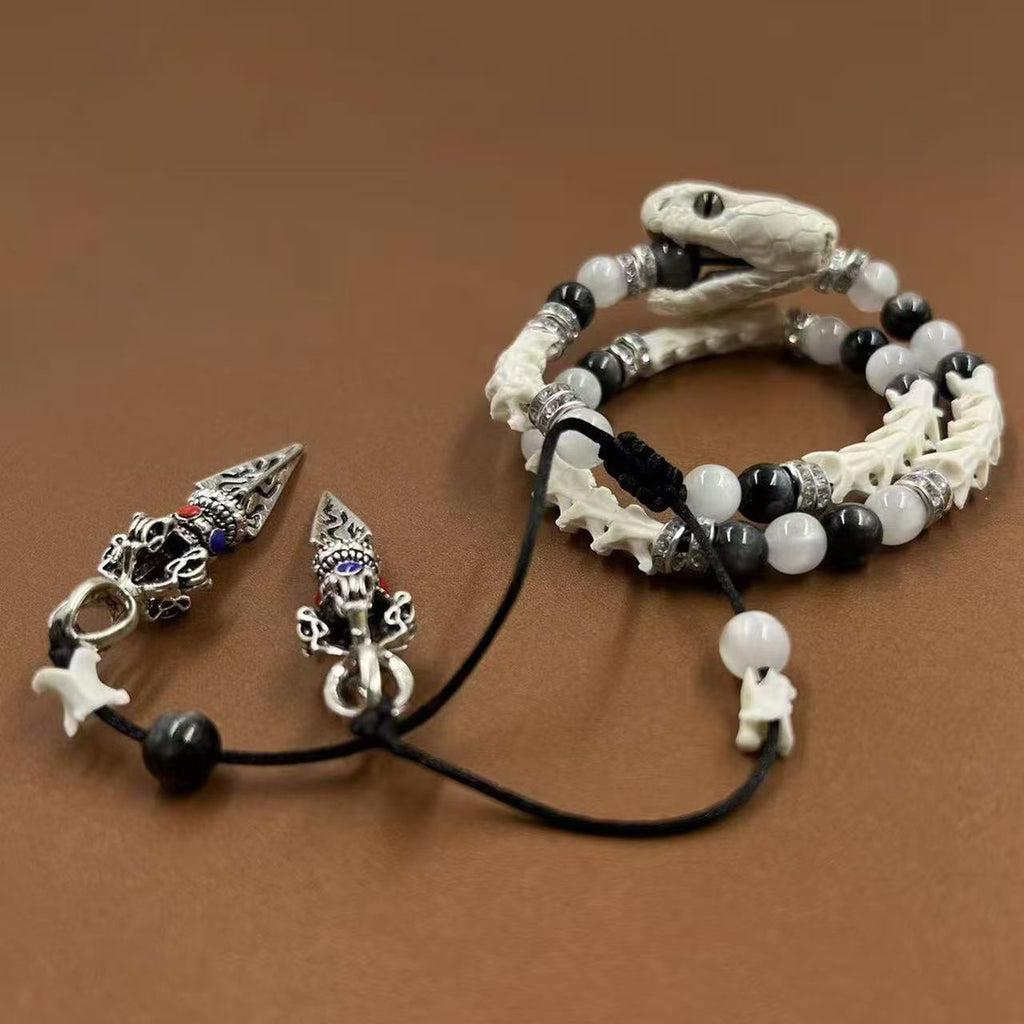Real White Snake Bone Bracelet — Black & White Gemstones, Diamond Spacers & Tibetan Vajra Spear Charms | Dark Luxury