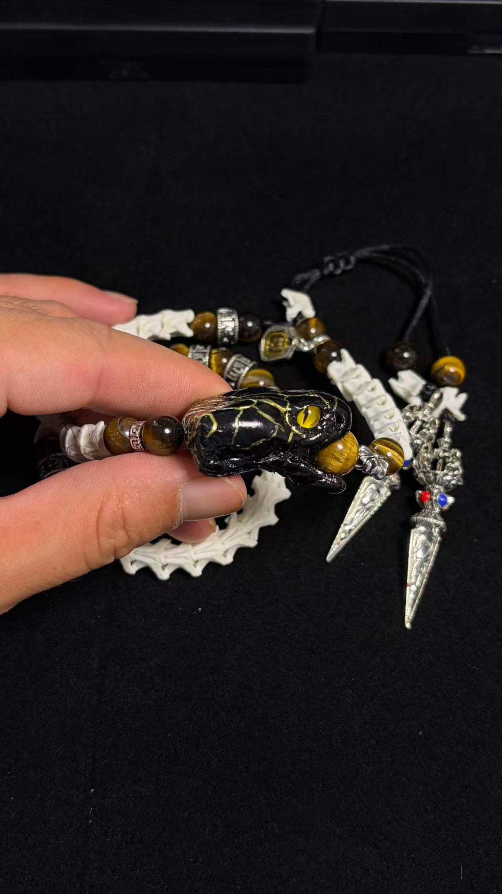 Real Snake Bone Double-Coil Bracelet — Black Serpent King, Tiger's Eye & Tibetan Kīla Charms | Dark Luxury