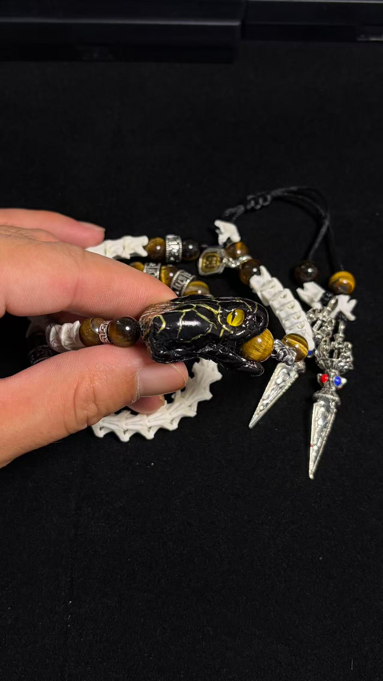 Real Snake Bone Double-Coil Bracelet — Black Serpent King, Tiger's Eye & Tibetan Kīla Charms | Dark Luxury