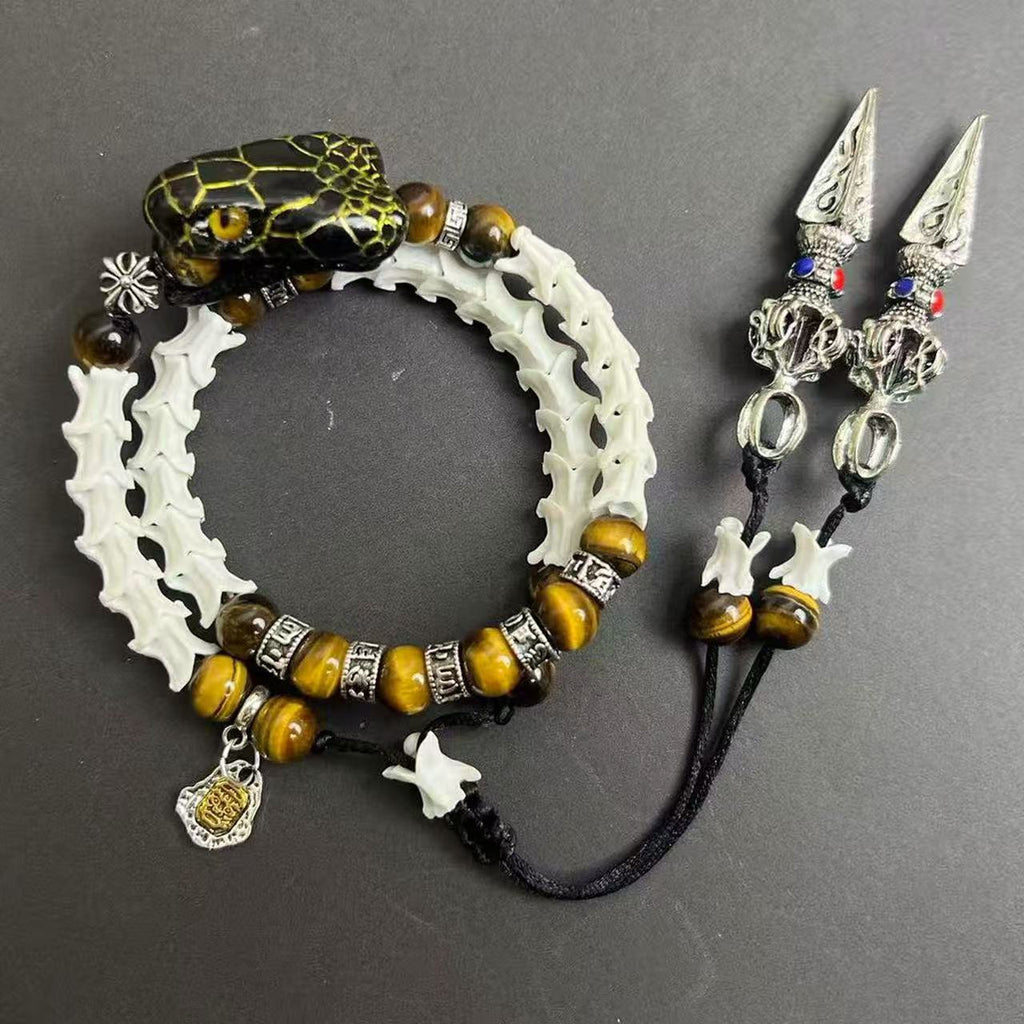 Real Snake Bone Double-Coil Bracelet — Black Serpent King, Tiger's Eye & Tibetan Kīla Charms | Dark Luxury