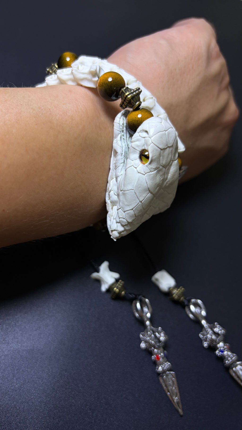 Real Snake Bone Bracelet — Tiger Eye & Tibetan Vajra Charm