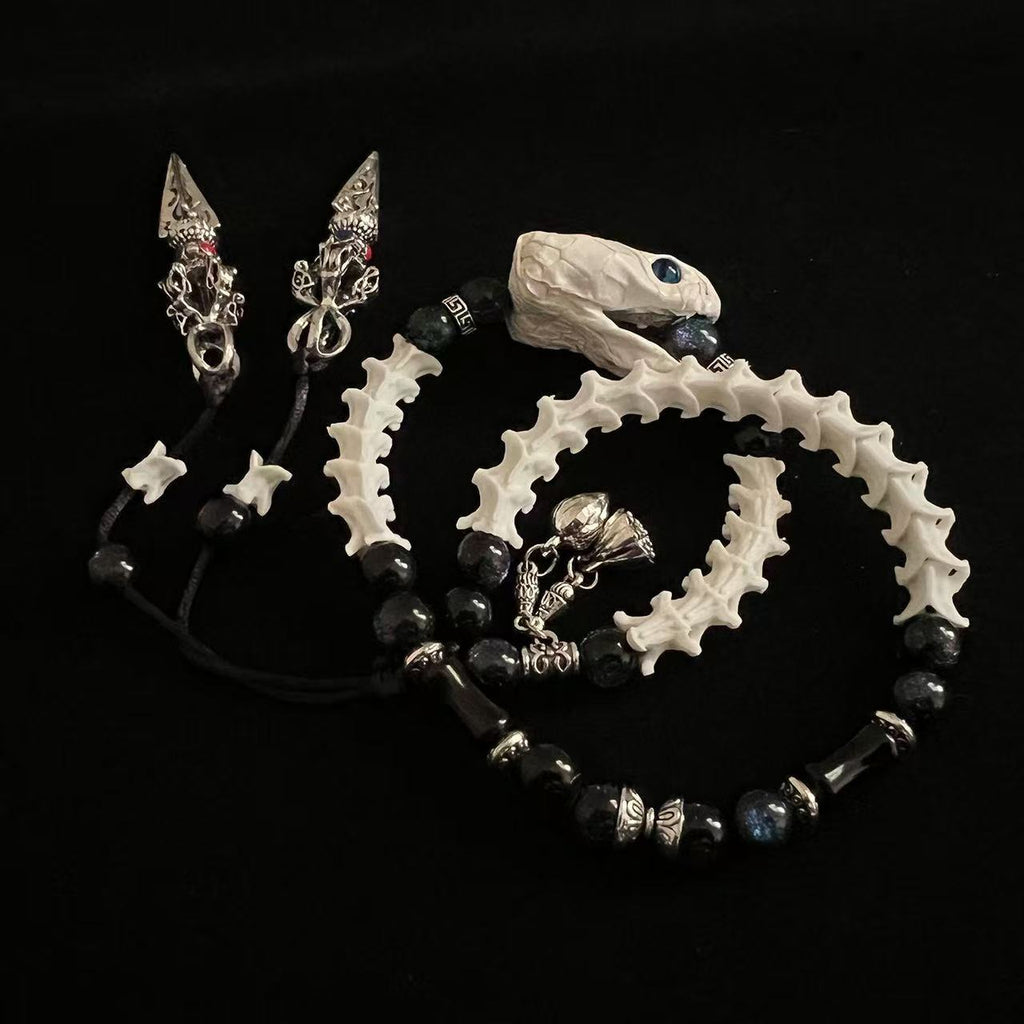 Real Snake Bone Double-Coil Bracelet — Blue-Eye White Serpent, Black Obsidian & Twin Tibetan Kila Charms | Dark Celestial
