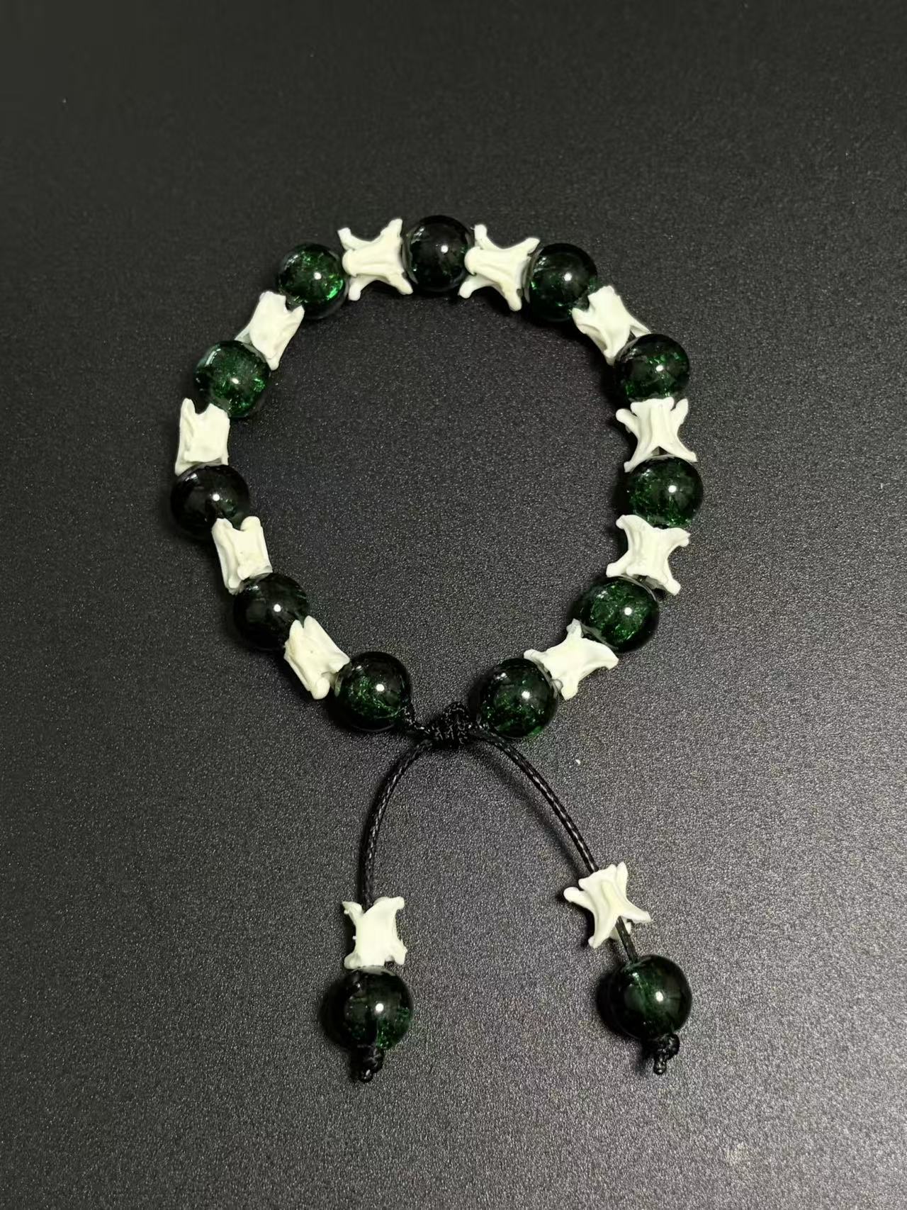 Real Snake Bone Bracelet – Dark Green Crackle Glass Beads & Vertebrae Spacers | Natural Jade-Like Finish