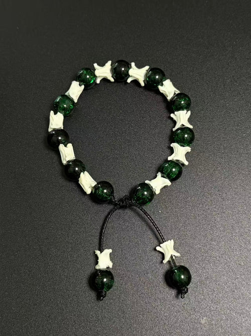 Real Snake Bone Bracelet – Dark Green Crackle Glass Beads & Vertebrae Spacers | Natural Jade-Like Finish