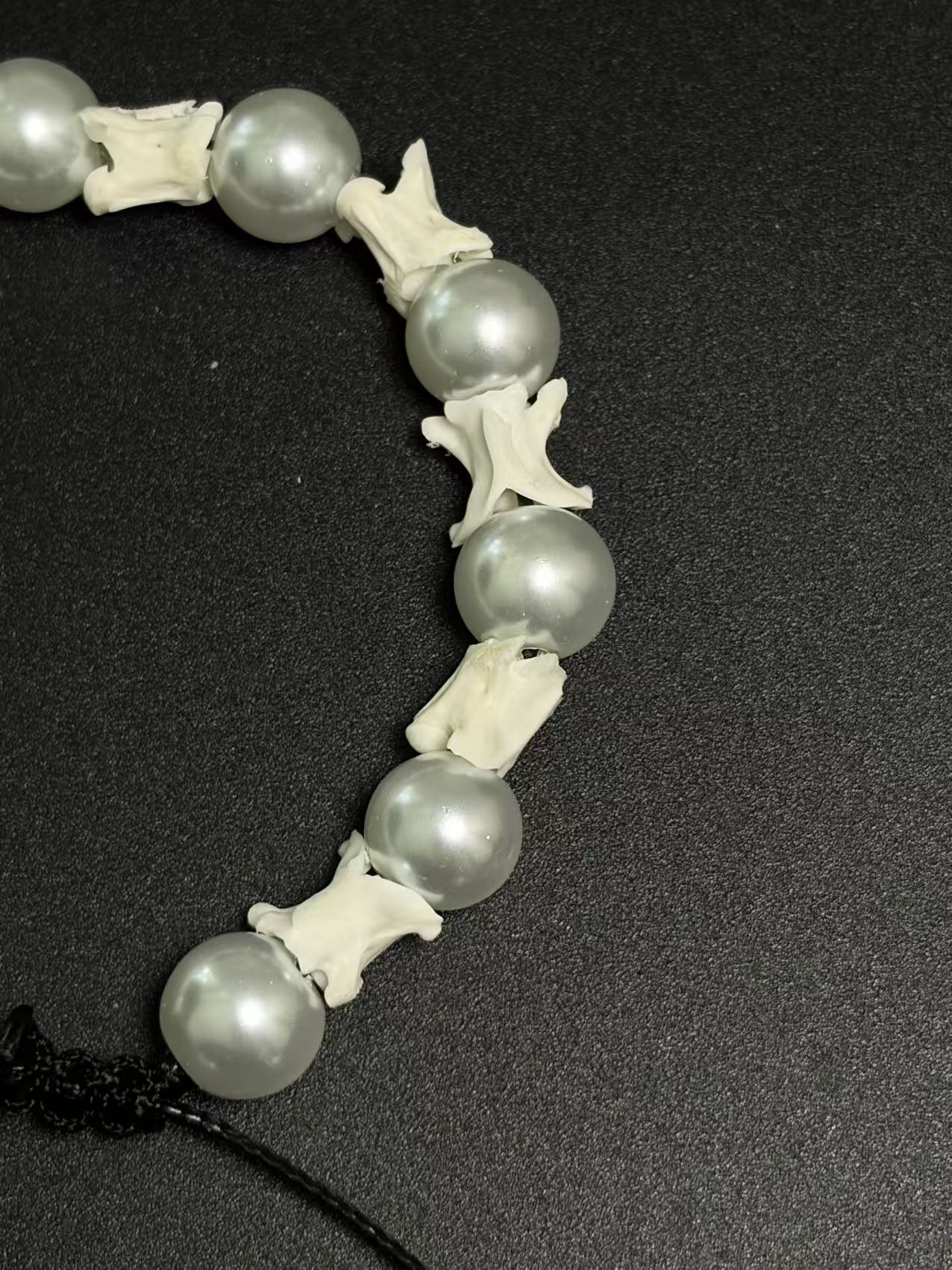 Real Snake Bone Bracelet – Silver Grey Pearl Beads & Vertebrae Spacers | Dark Elegant Gothic Style