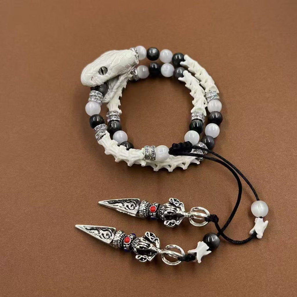 Real White Snake Bone Bracelet — Black & White Gemstones, Diamond Spacers & Tibetan Vajra Spear Charms | Dark Luxury