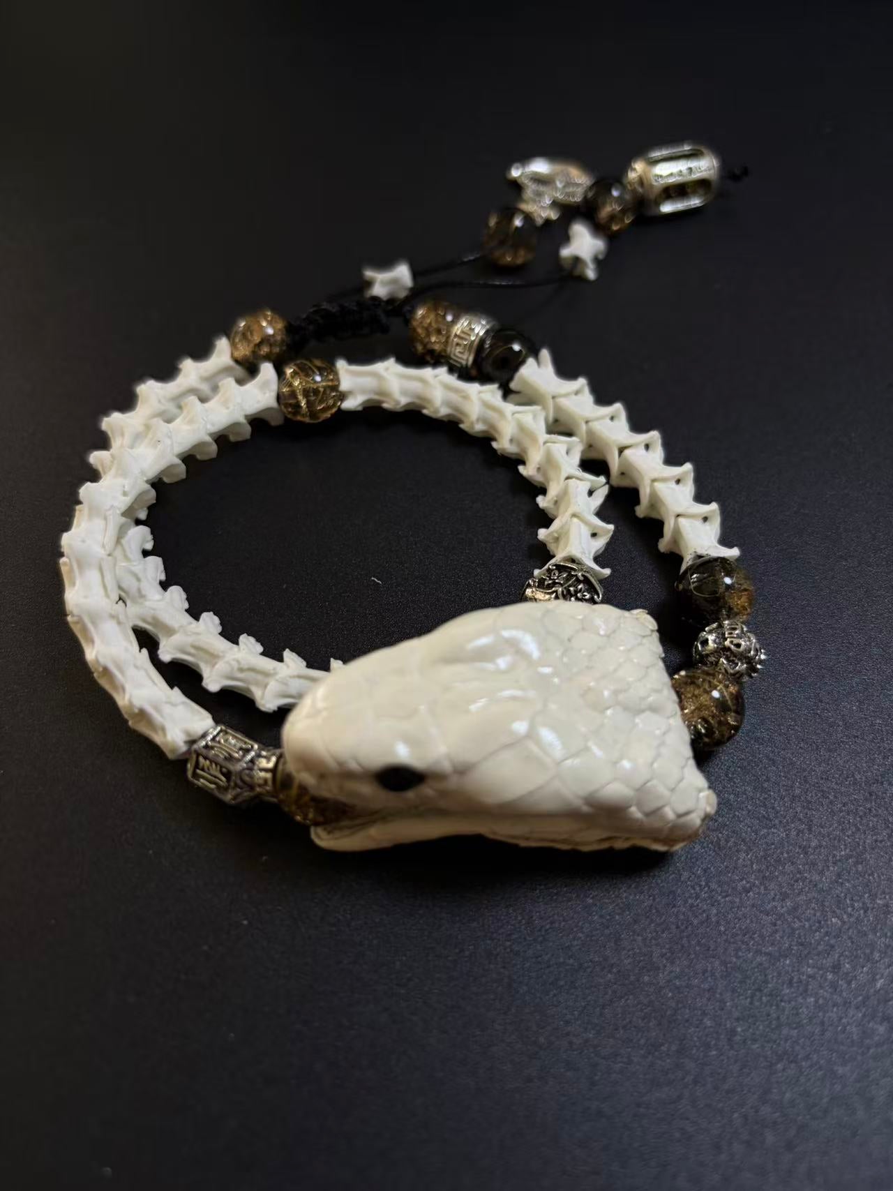 Real Snake Bone Bracelet | Smoky Quartz & Dual Tibetan Charm | Dark Talisman Jewelry
