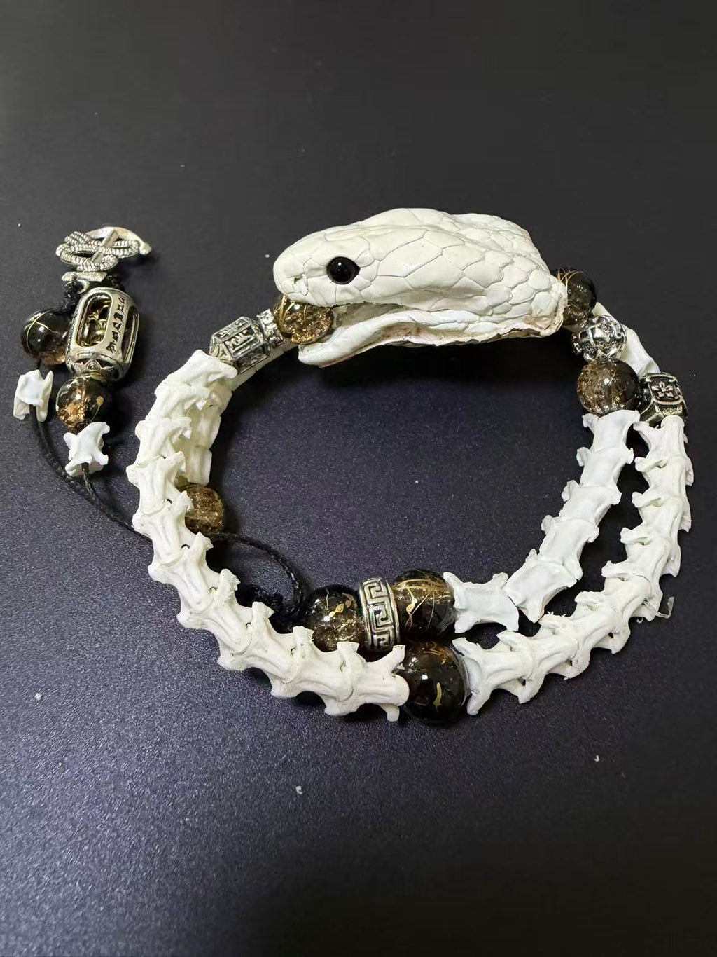 Real Snake Bone Bracelet | Smoky Quartz & Dual Tibetan Charm | Dark Talisman Jewelry