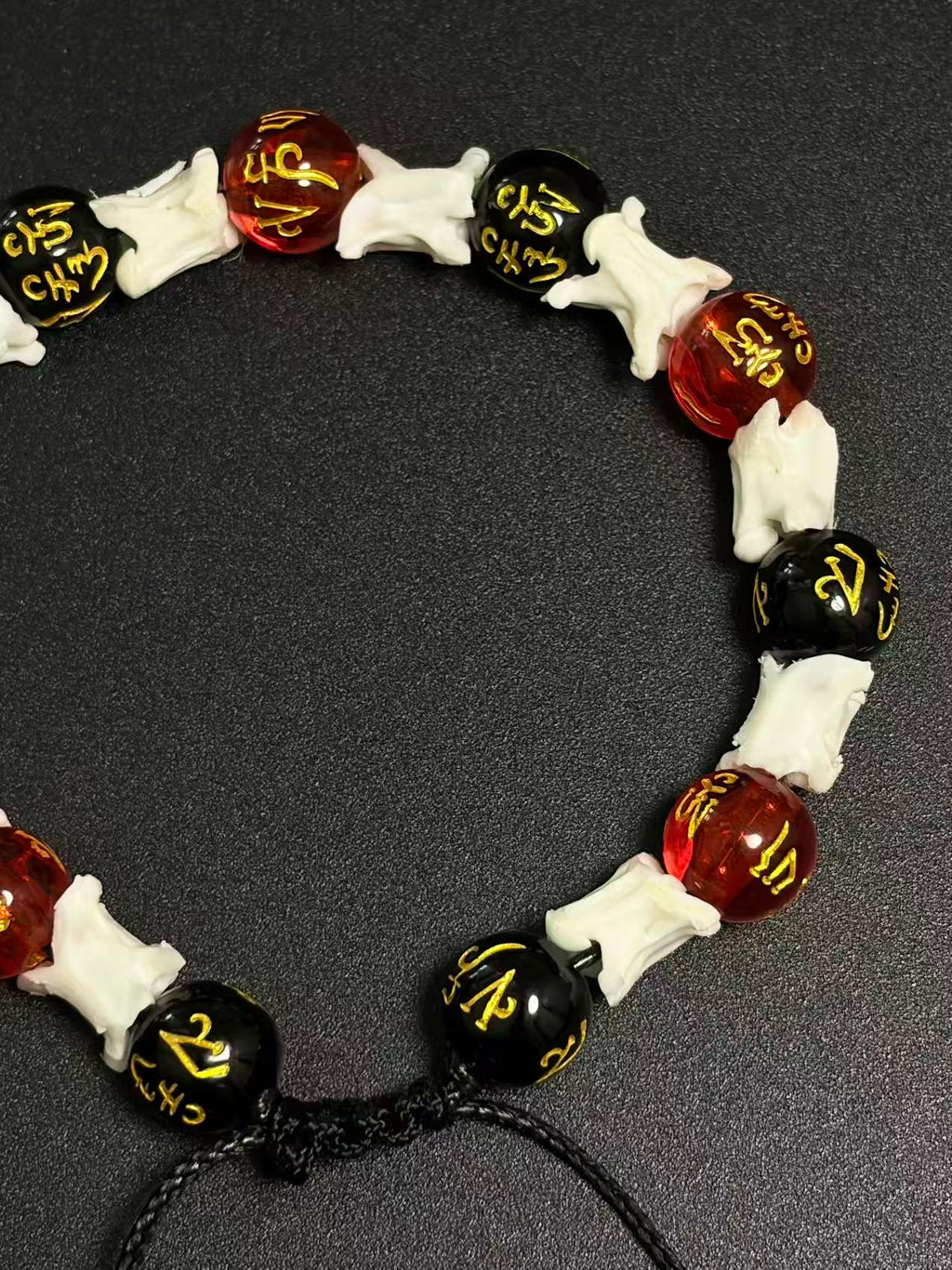 Real Snake Bone Bracelet – Om Mani Padme Hum Gold Mantra Beads, Red Crystal & Black Onyx | Tibetan Six-Word Prayer