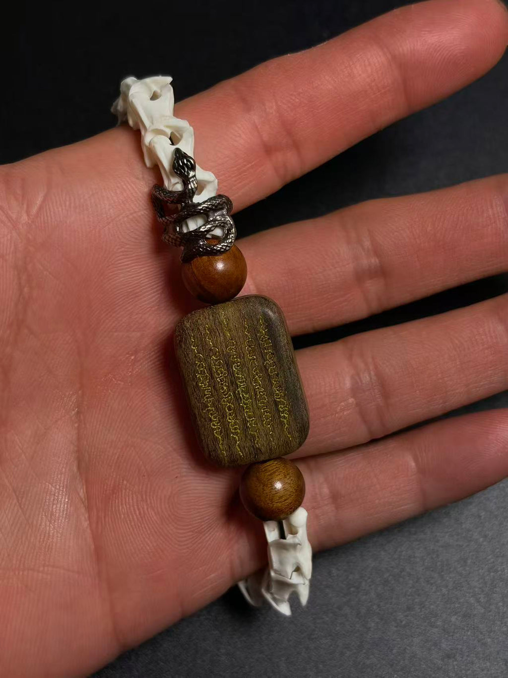 Real Snake Bone Bracelet – Wu Shi Pai Peace Amulet, Agarwood Bead & Real Cinnabar Beads | Chinese Talisman Jewelry