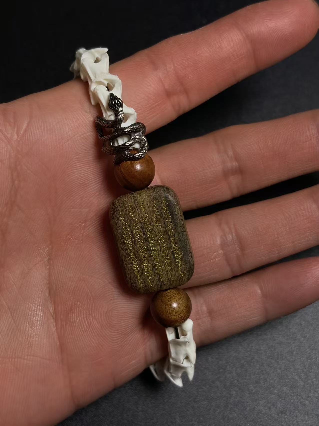 Real Snake Bone Bracelet – Wu Shi Pai Peace Amulet, Agarwood Bead & Real Cinnabar Beads | Chinese Talisman Jewelry