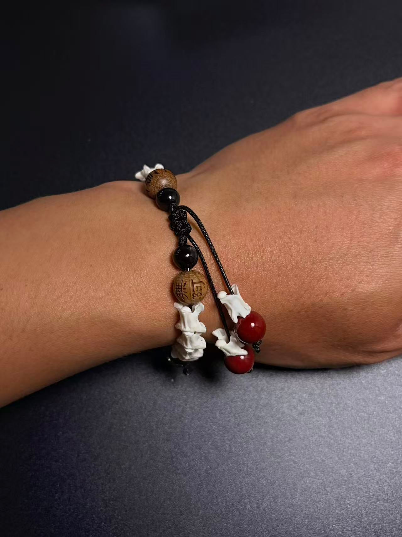 Real Snake Bone Bracelet – Wu Shi Pai Peace Amulet, Agarwood Bead & Real Cinnabar Beads | Chinese Talisman Jewelry