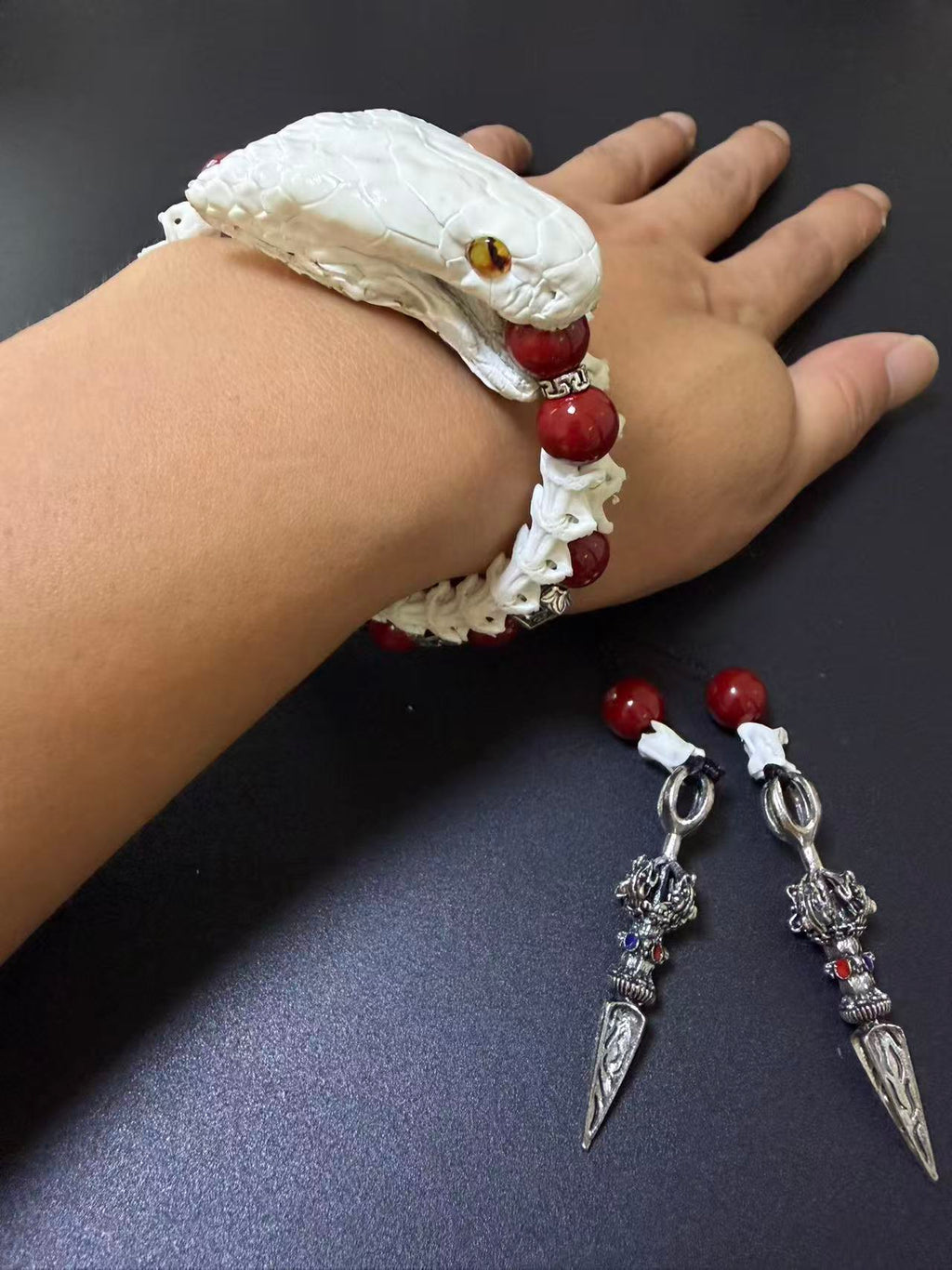 Real Snake Skull & Spine Bracelet – Red Agate, Tibetan Dorje Charms | Gothic Talisman Jewelry