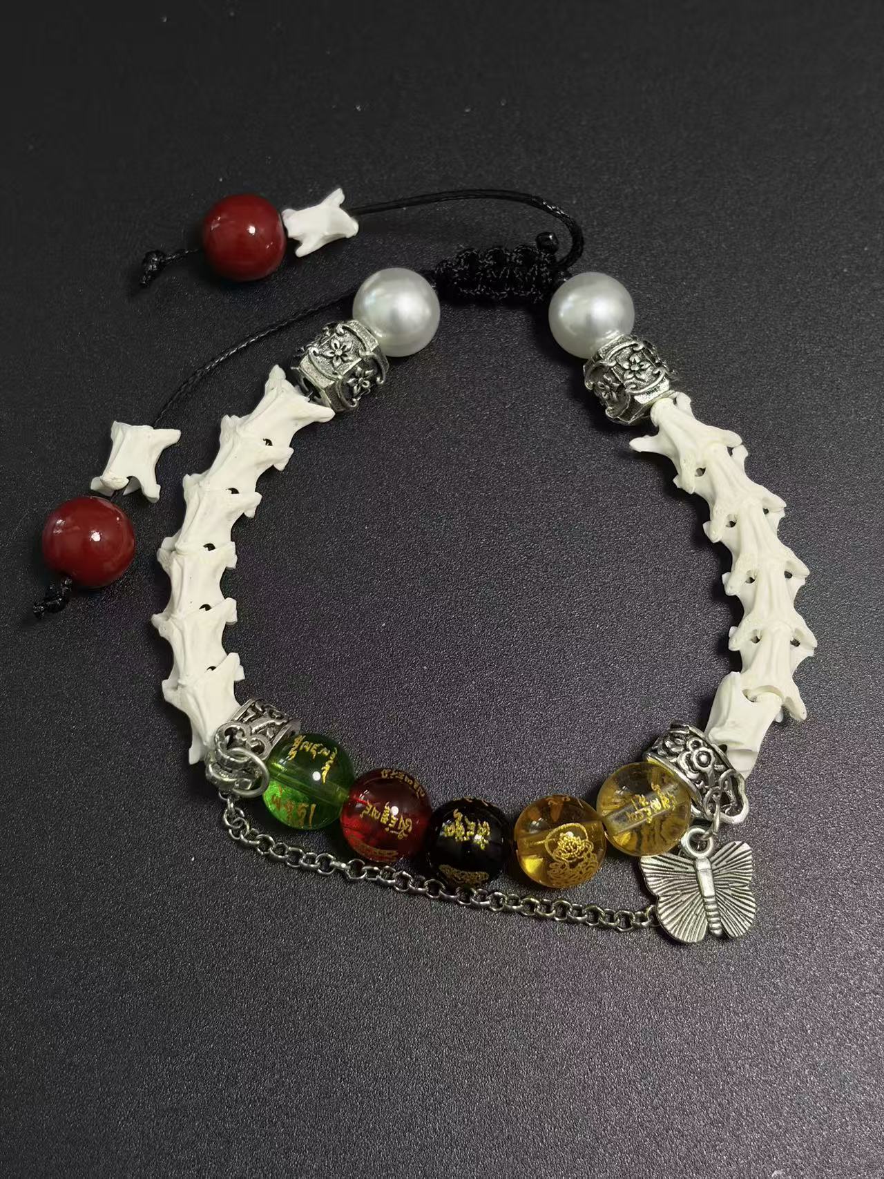 Real Snake Bone Bracelet – Five Wealth Gods Engraved Crystal Beads, Pearl & Silver Butterfly Charm | Tibetan Fortune Jewelry