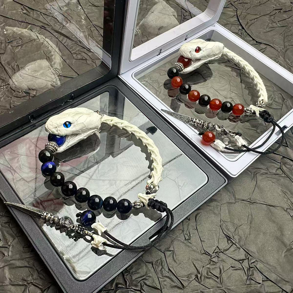 Real Snake Bone Bracelet — Natural Gemstone Beads | Gothic Handcrafted Jewelry