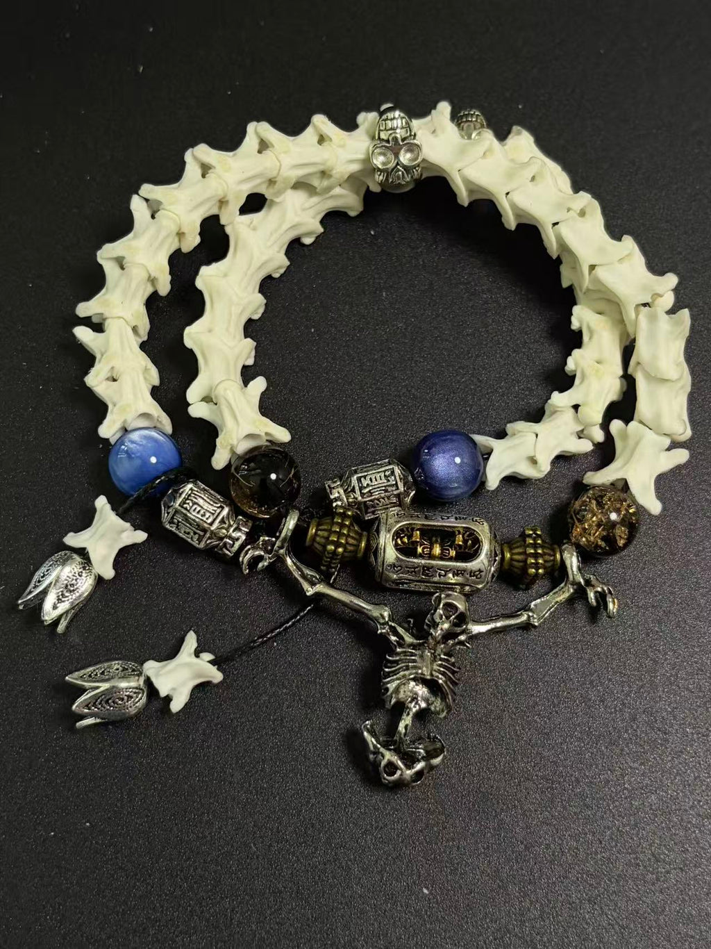 Real Snake Bone Bracelet – Full Skeleton Holding Sanskrit Prayer Cylinder, Blue Cat's Eye & Smoky Quartz | Dark Gothic Masterpiece