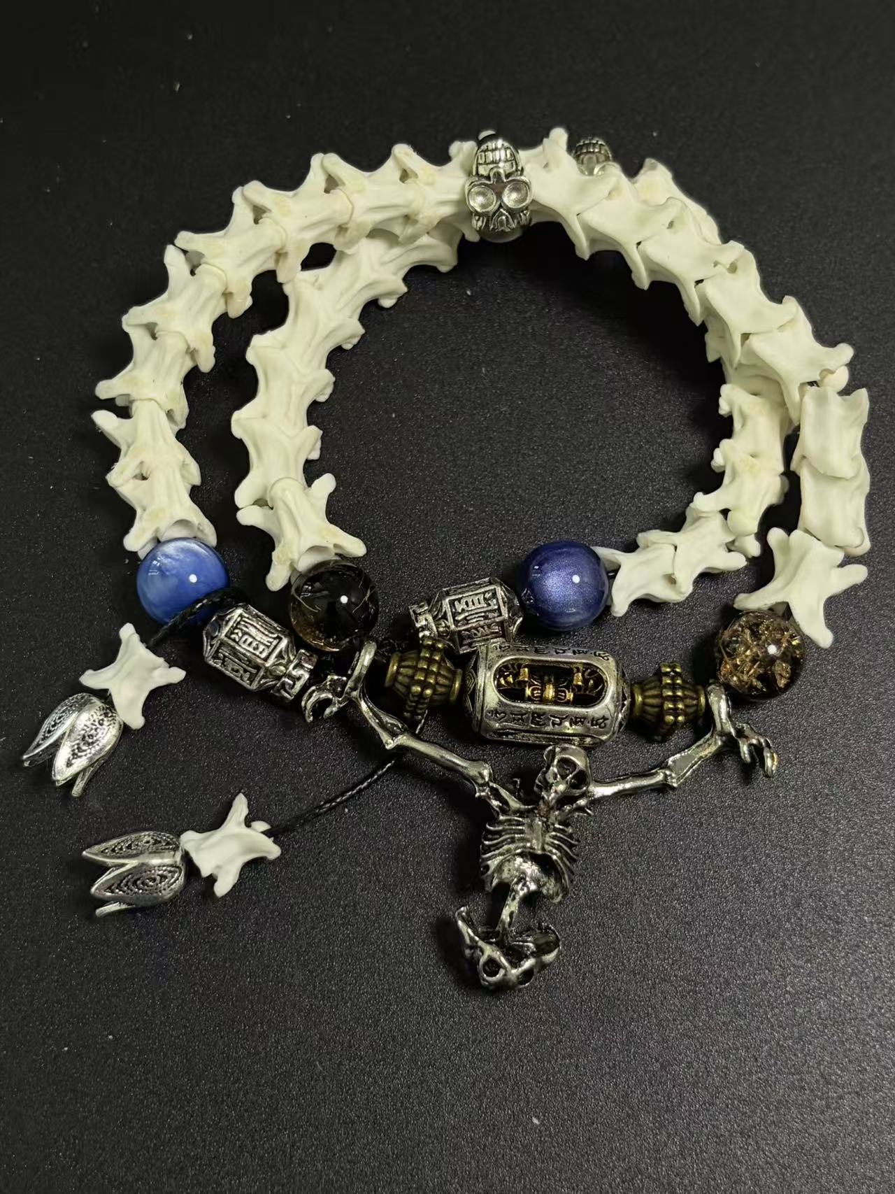 Real Snake Bone Bracelet – Full Skeleton Holding Sanskrit Prayer Cylinder, Blue Cat's Eye & Smoky Quartz | Dark Gothic Masterpiece