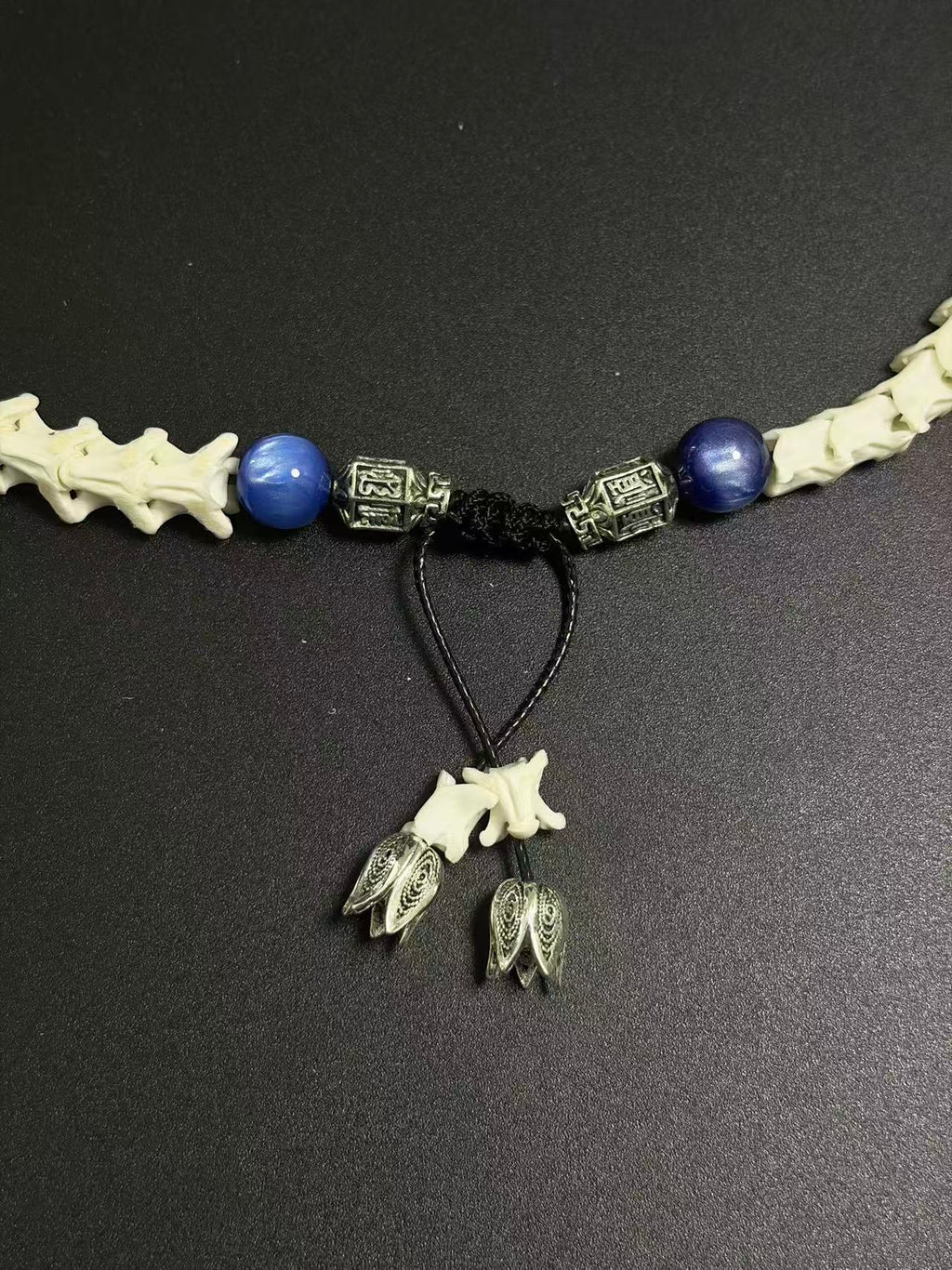 Real Snake Bone Bracelet – Full Skeleton Holding Sanskrit Prayer Cylinder, Blue Cat's Eye & Smoky Quartz | Dark Gothic Masterpiece