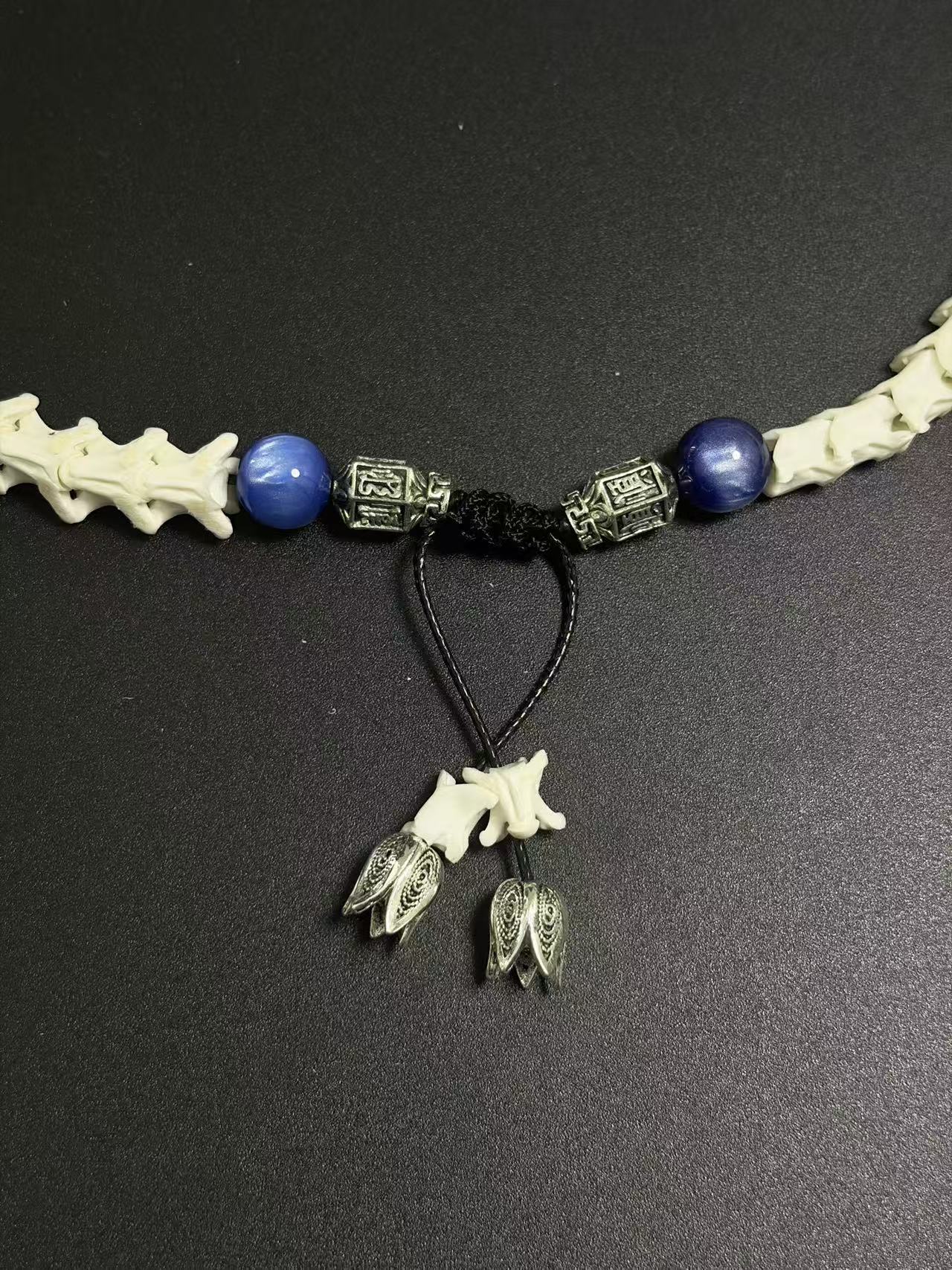 Real Snake Bone Bracelet – Full Skeleton Holding Sanskrit Prayer Cylinder, Blue Cat's Eye & Smoky Quartz | Dark Gothic Masterpiece