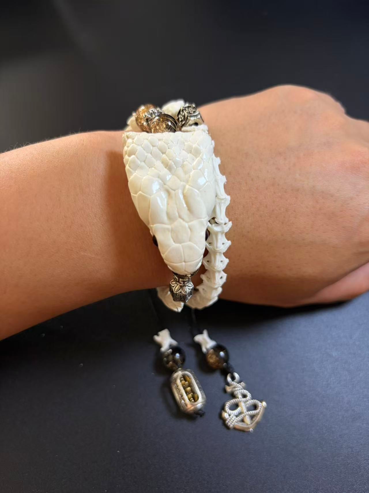 Real Snake Bone Bracelet | Smoky Quartz & Dual Tibetan Charm | Dark Talisman Jewelry