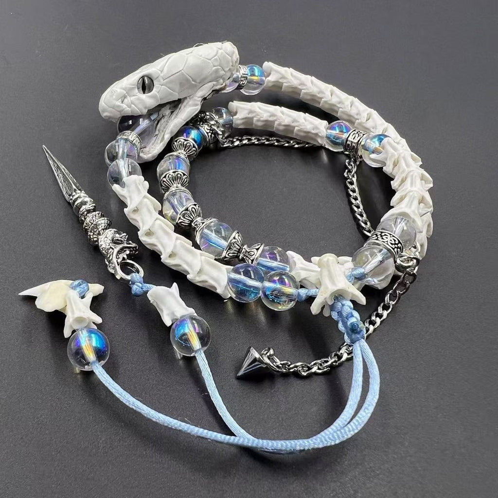 Real White Snake Bone Double-Wrap Bracelet — Aurora Crystal Beads, Silver Chain & Spear Charm | Fairy Grunge Jewelry