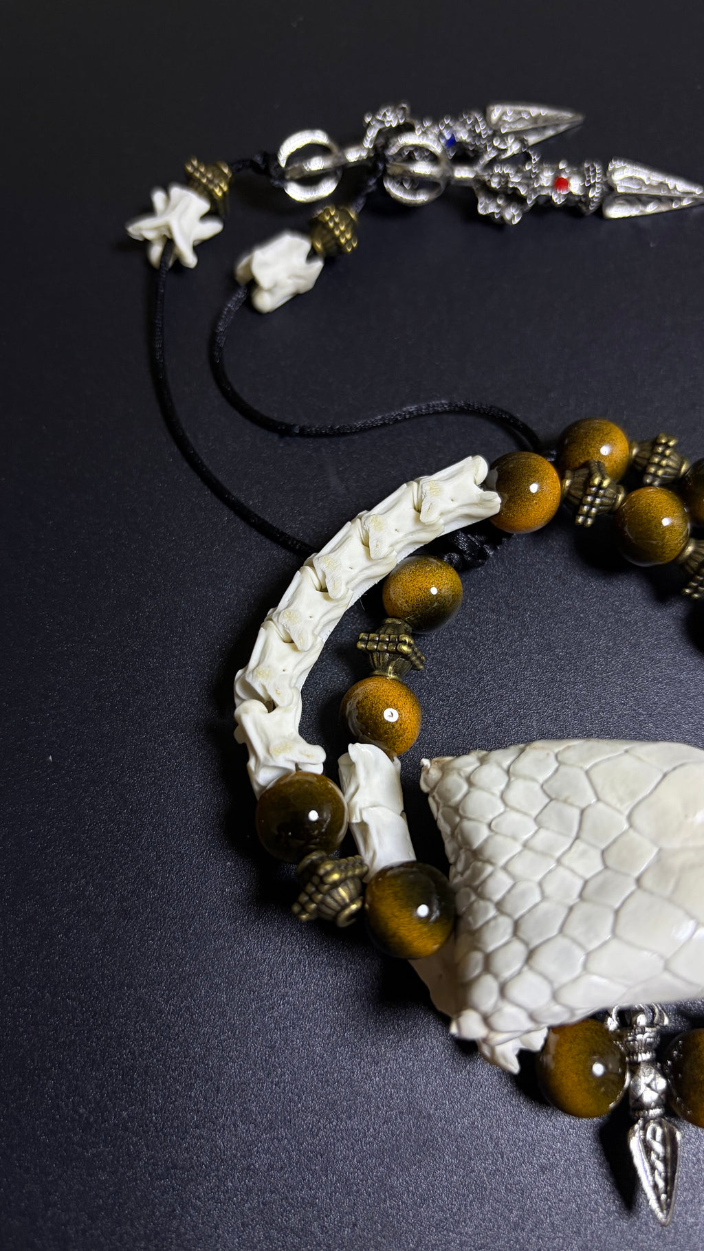 Real Snake Bone Bracelet — Tiger Eye & Tibetan Vajra Charm