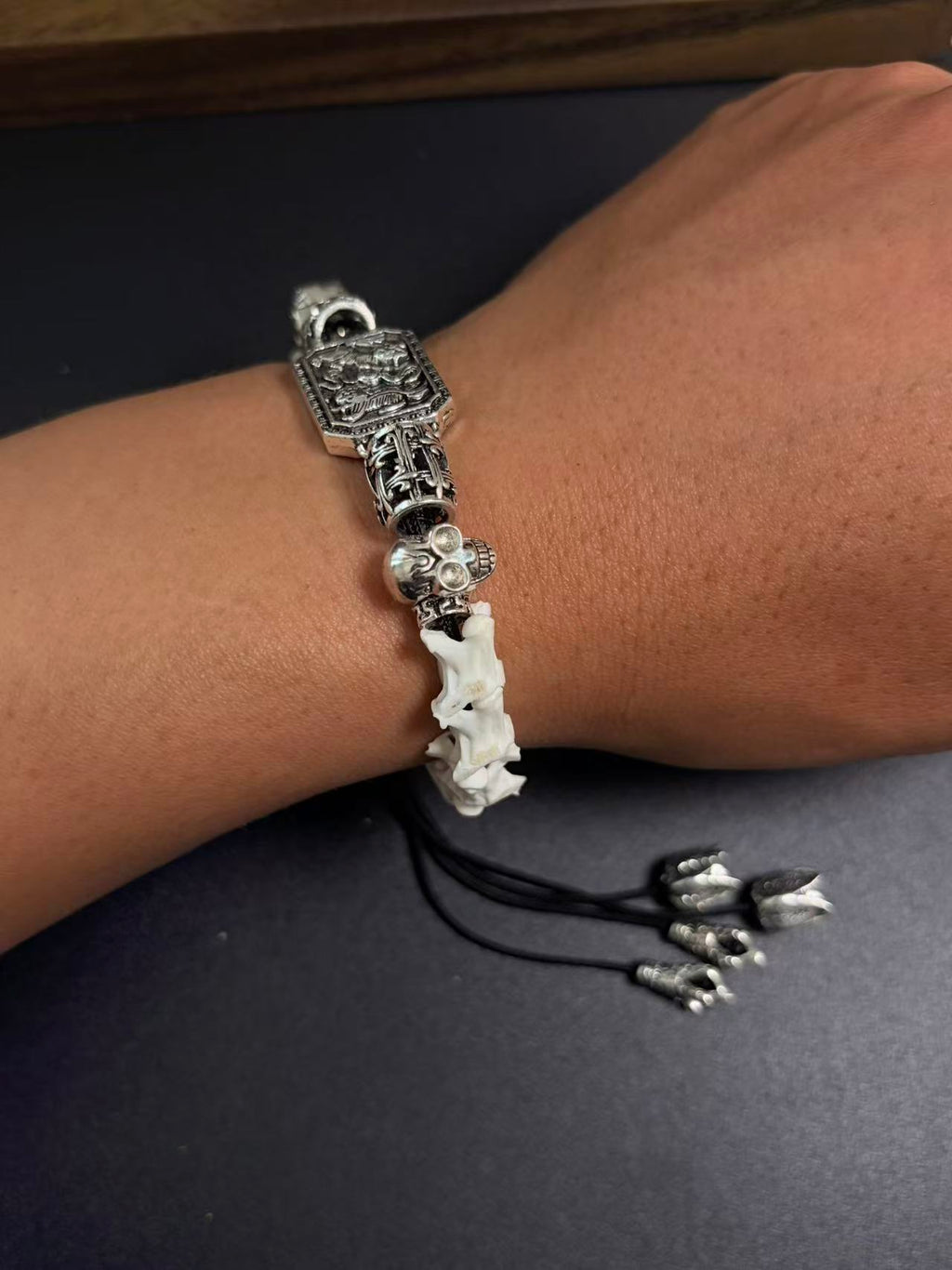 Real Snake Bone Bracelet – Pixiu Guardian Beast Silver Plaque, Crystal Skull & Triple Lotus Tassel | Chinese Talisman Dark Luxury