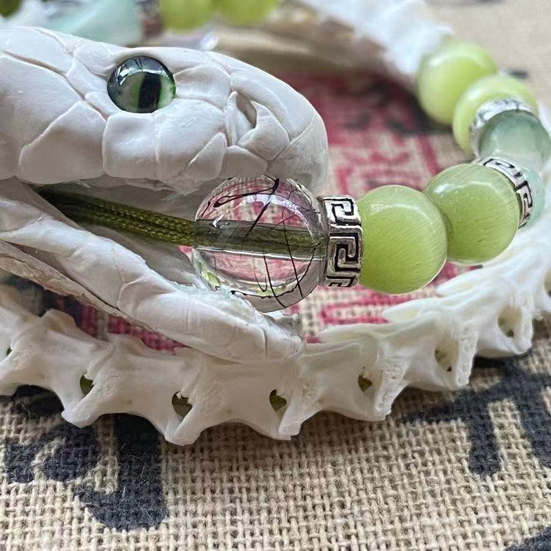 Real White Snake Bone Bracelet — Lifelike Snake Head, Natural Gemstones & Silk Tassel | Chinese Mythology Jewelry