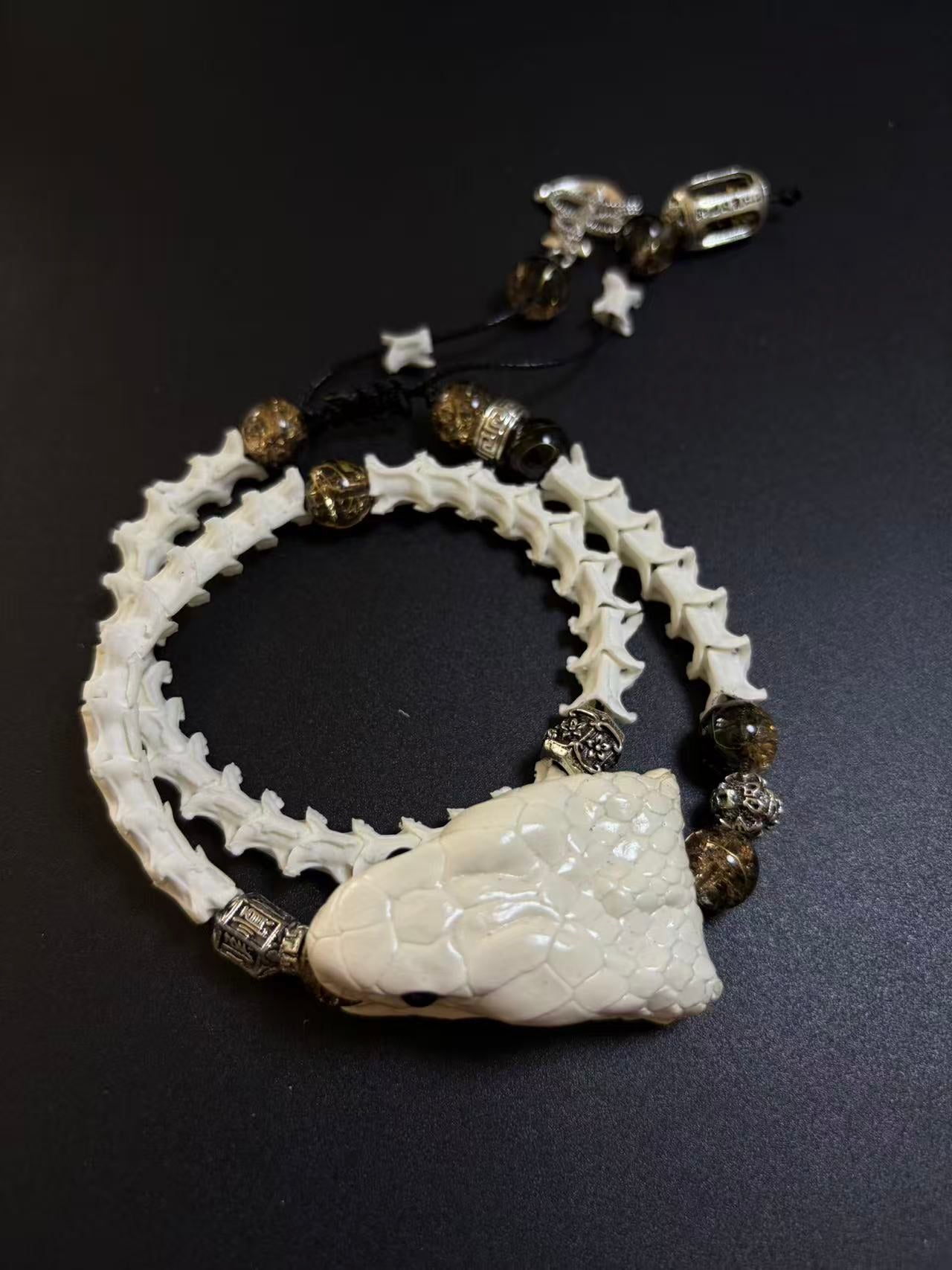 Real Snake Bone Bracelet | Smoky Quartz & Dual Tibetan Charm | Dark Talisman Jewelry