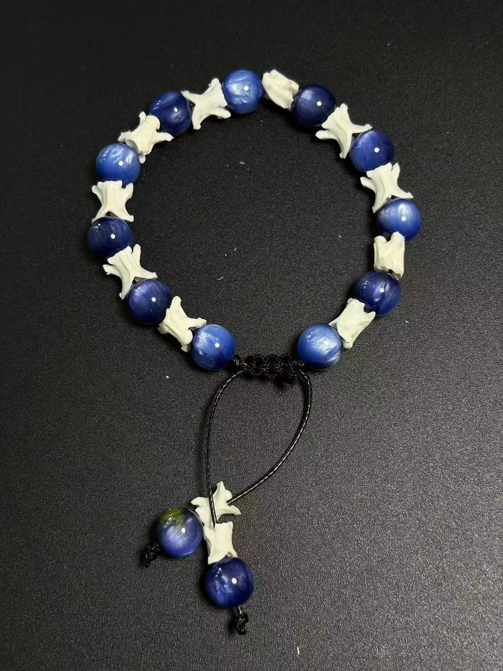 Real Snake Bone Bracelet – Deep Blue Cat's Eye Stone Beads & Vertebrae Spacers | Chatoyant Dark Elegant Style